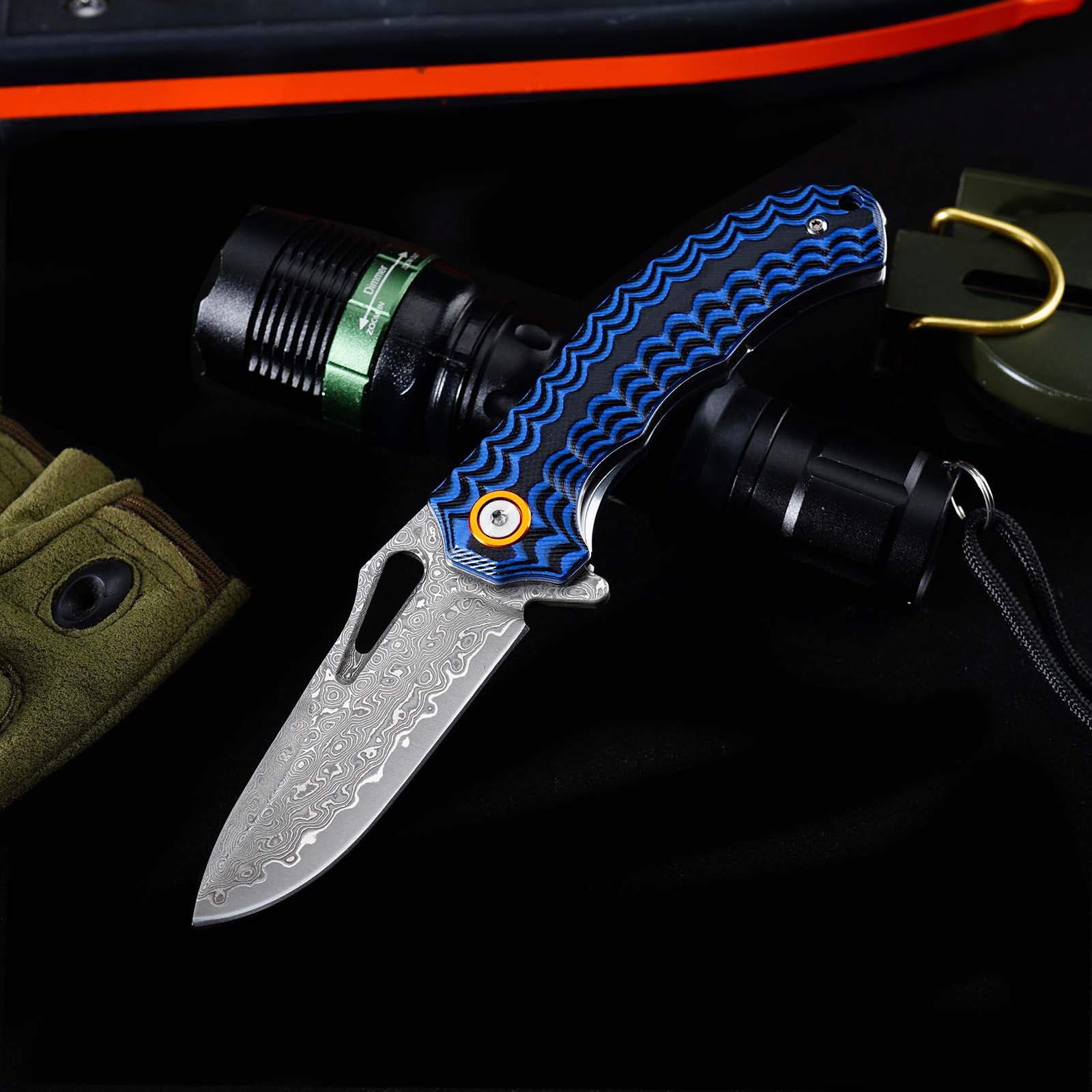 Tunafire Knife GT-DM021 Small 2.68”Damascus Pocket Knife Two Color G10 Grip Portable Outdoor Fishing Utility Tool