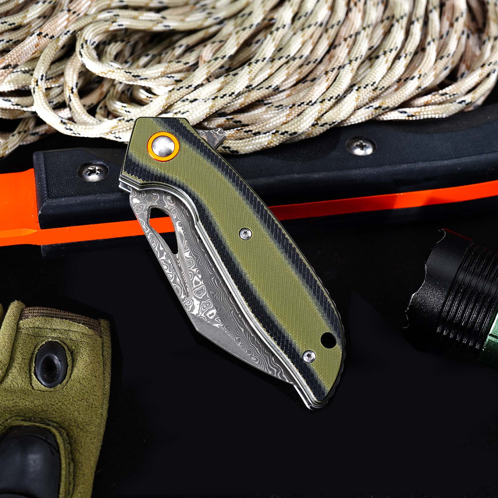 Tunafire GT-989 Folding Knife, 76-Layer Damascus Steel Pocket Knife, Dual Color G10 Handle with Built-in Bearing