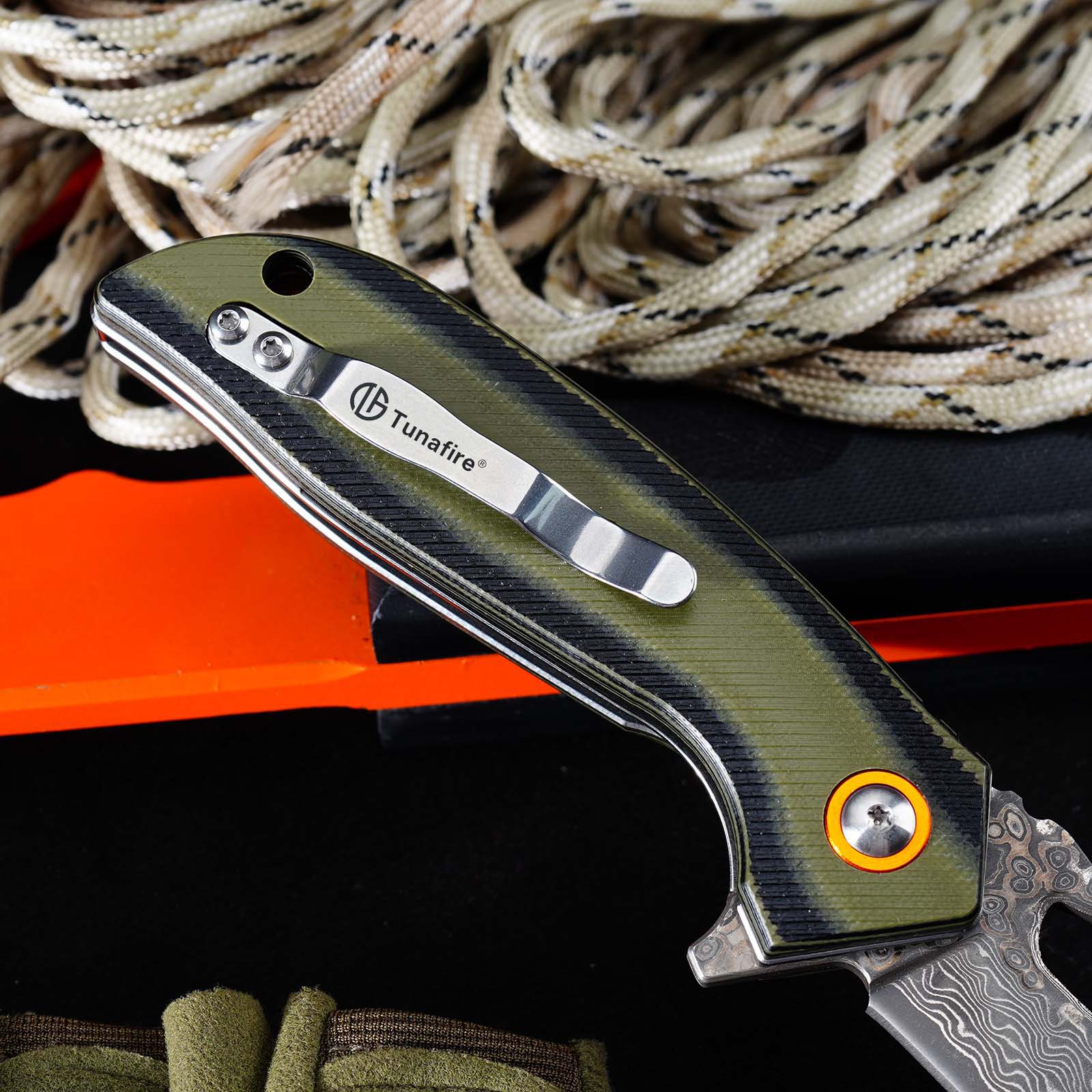 Tunafire GT-989 Folding Knife, 76-Layer Damascus Steel Pocket Knife, Dual Color G10 Handle with Built-in Bearing