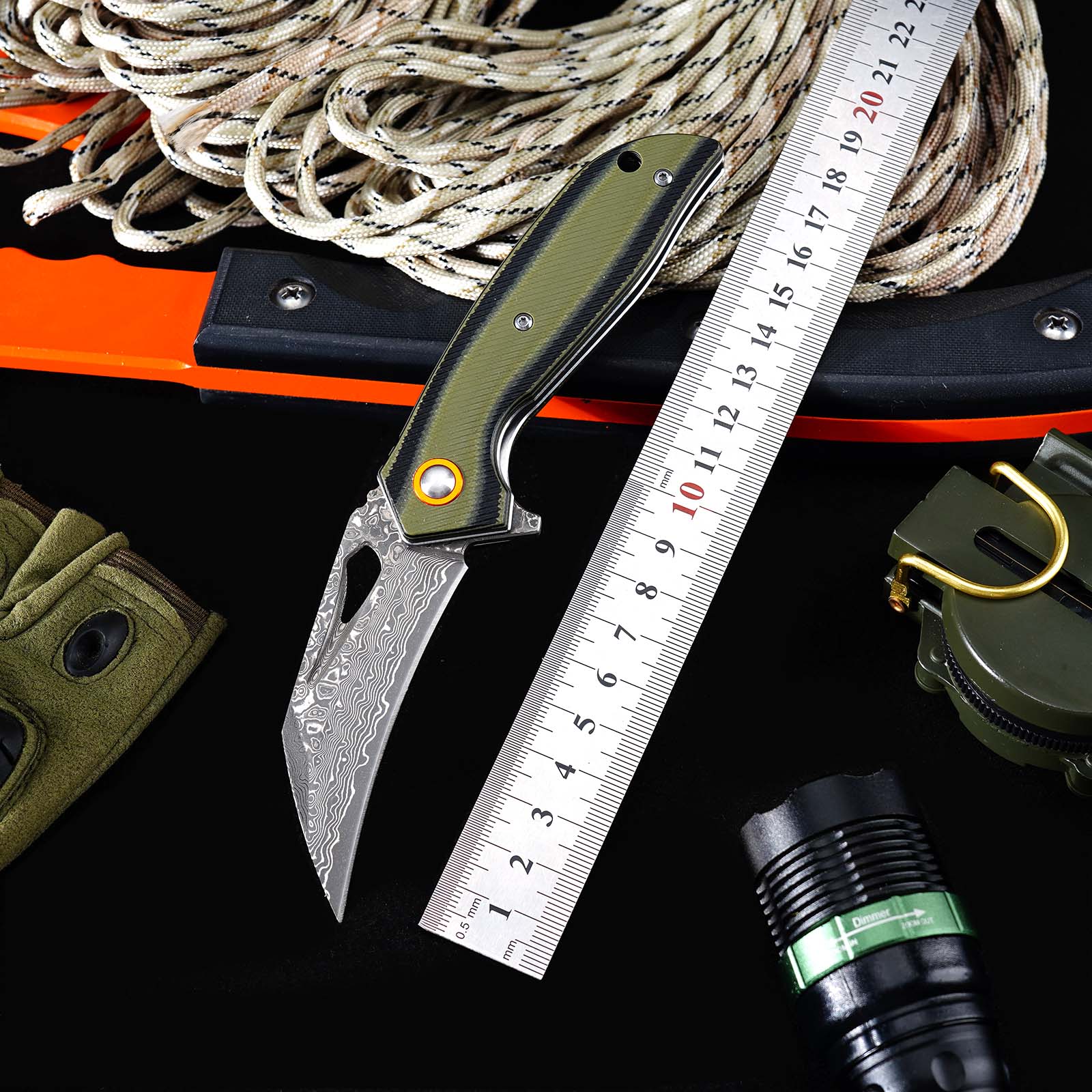 Tunafire GT-989 Folding Knife, 76-Layer Damascus Steel Pocket Knife, Dual Color G10 Handle with Built-in Bearing