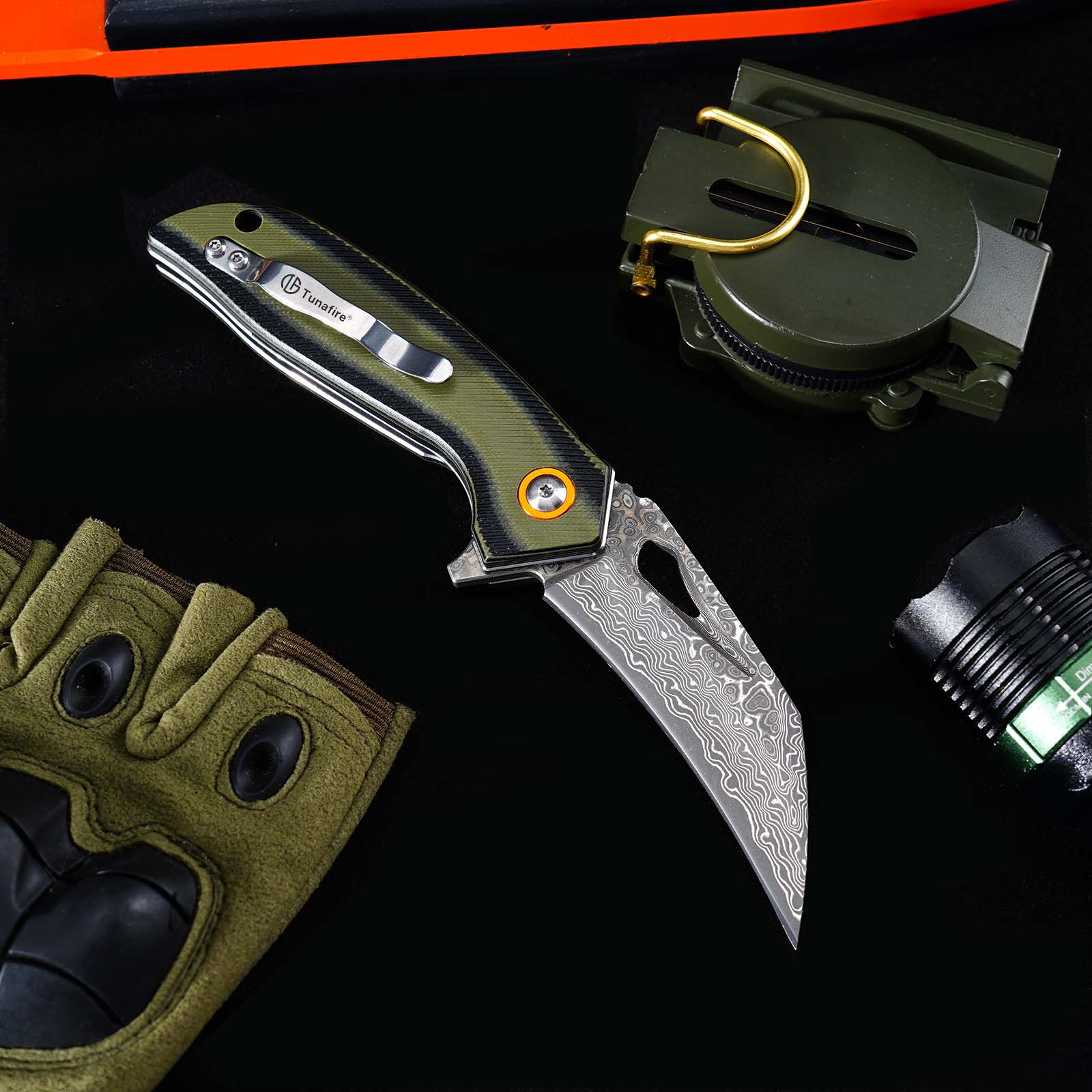 Tunafire GT-989 Folding Knife, 76-Layer Damascus Steel Pocket Knife, Dual Color G10 Handle with Built-in Bearing