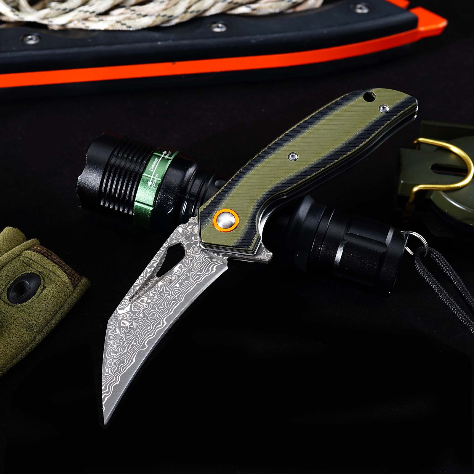Tunafire GT-989 Folding Knife, 76-Layer Damascus Steel Pocket Knife, Dual Color G10 Handle with Built-in Bearing