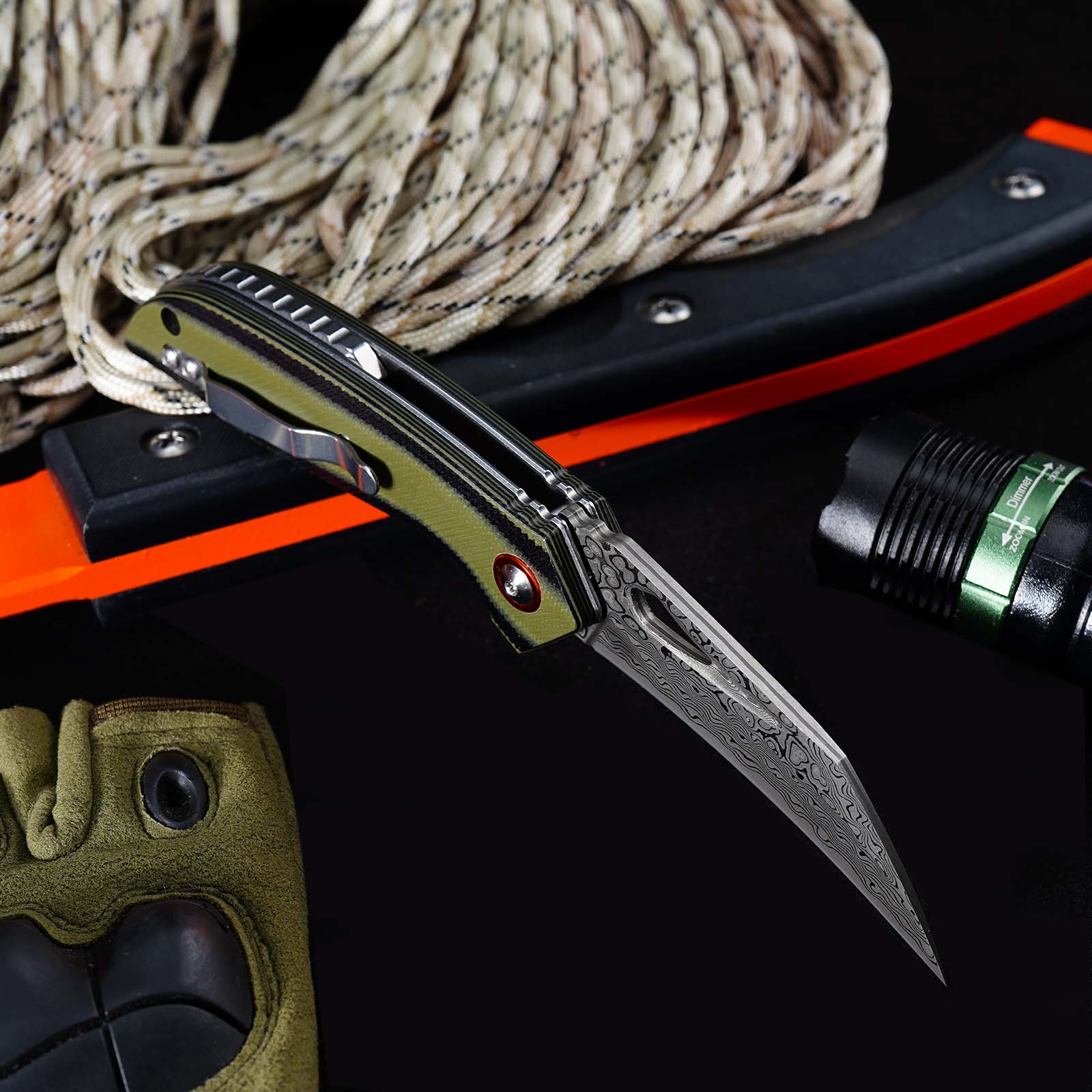 Tunafire GT-989 Folding Knife, 76-Layer Damascus Steel Pocket Knife, Dual Color G10 Handle with Built-in Bearing