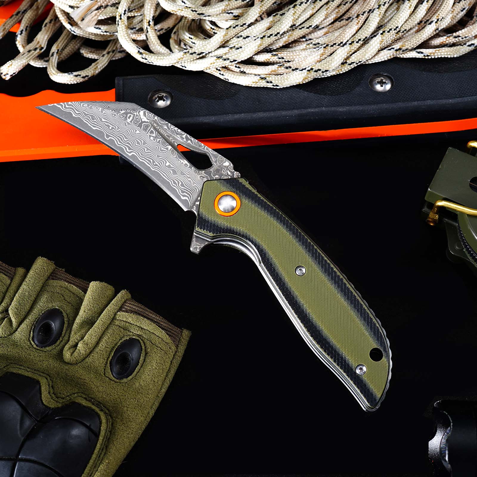 Tunafire GT-989 Folding Knife, 76-Layer Damascus Steel Pocket Knife, Dual Color G10 Handle with Built-in Bearing