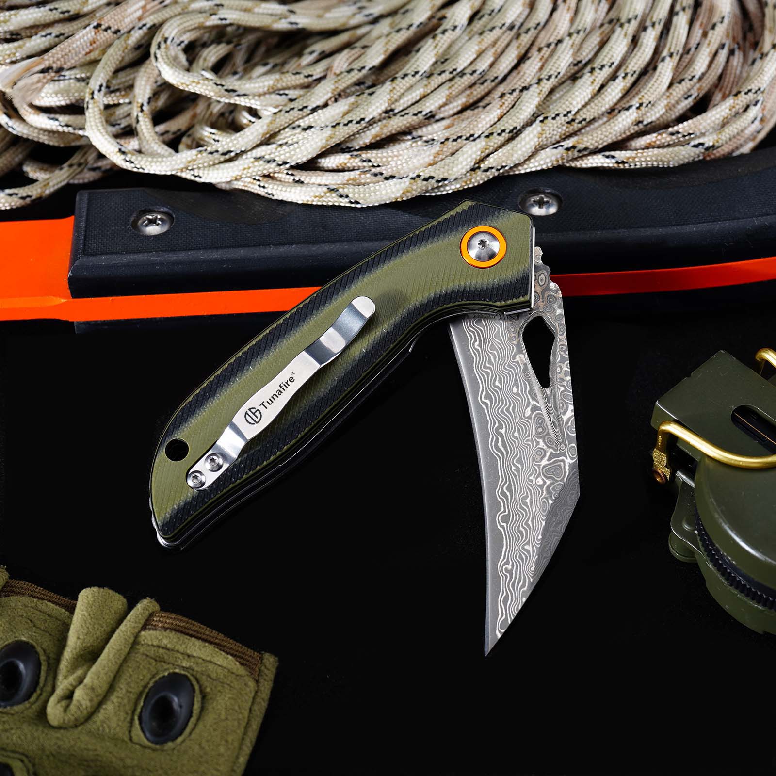 Tunafire GT-989 Folding Knife, 76-Layer Damascus Steel Pocket Knife, Dual Color G10 Handle with Built-in Bearing
