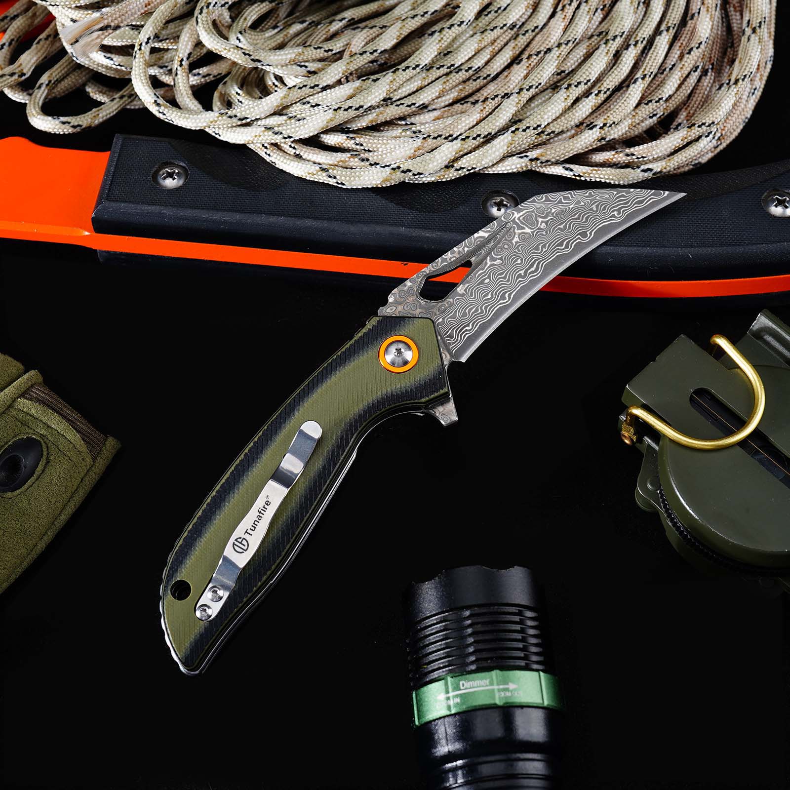 Tunafire GT-989 Folding Knife, 76-Layer Damascus Steel Pocket Knife, Dual Color G10 Handle with Built-in Bearing