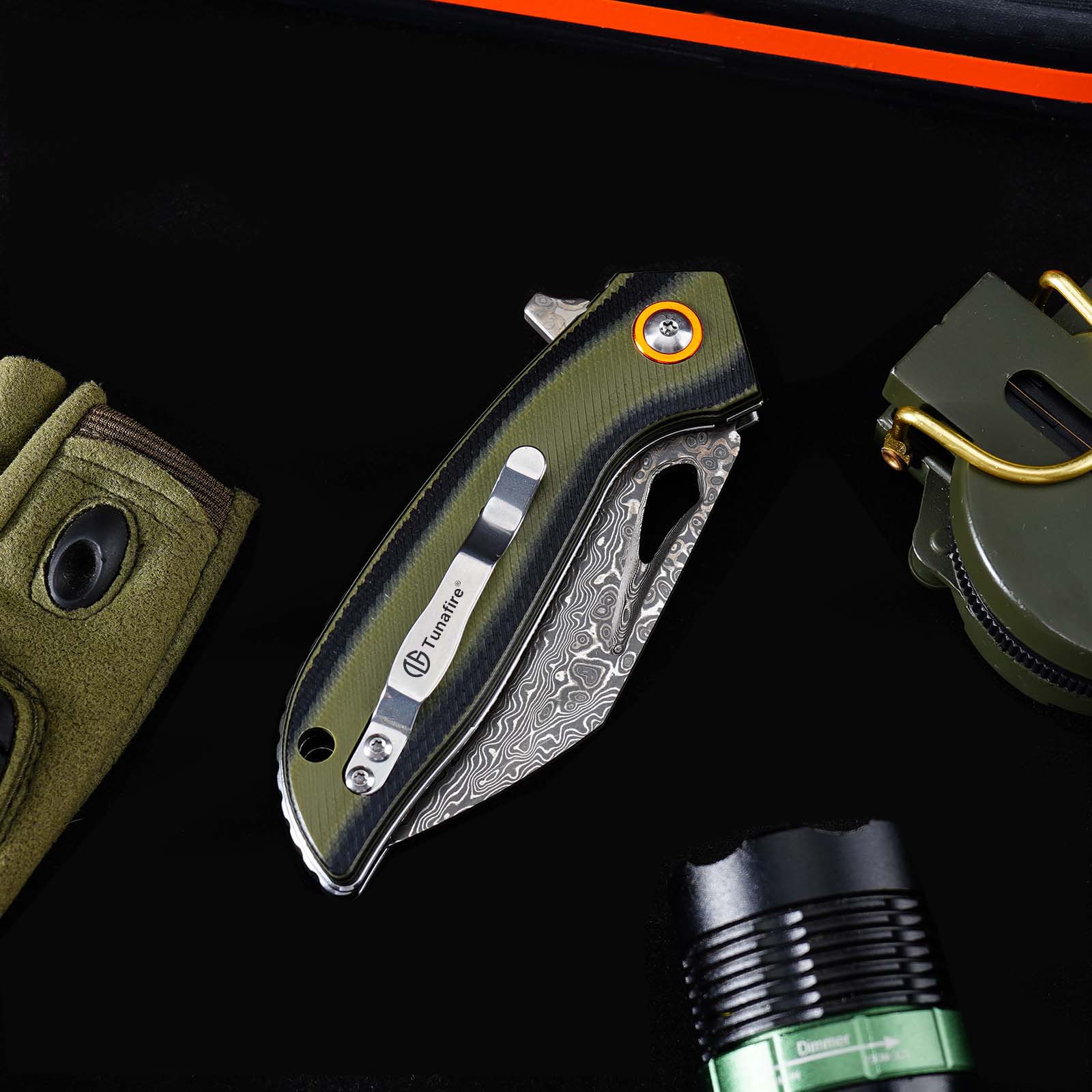 Tunafire GT-989 Folding Knife, 76-Layer Damascus Steel Pocket Knife, Dual Color G10 Handle with Built-in Bearing