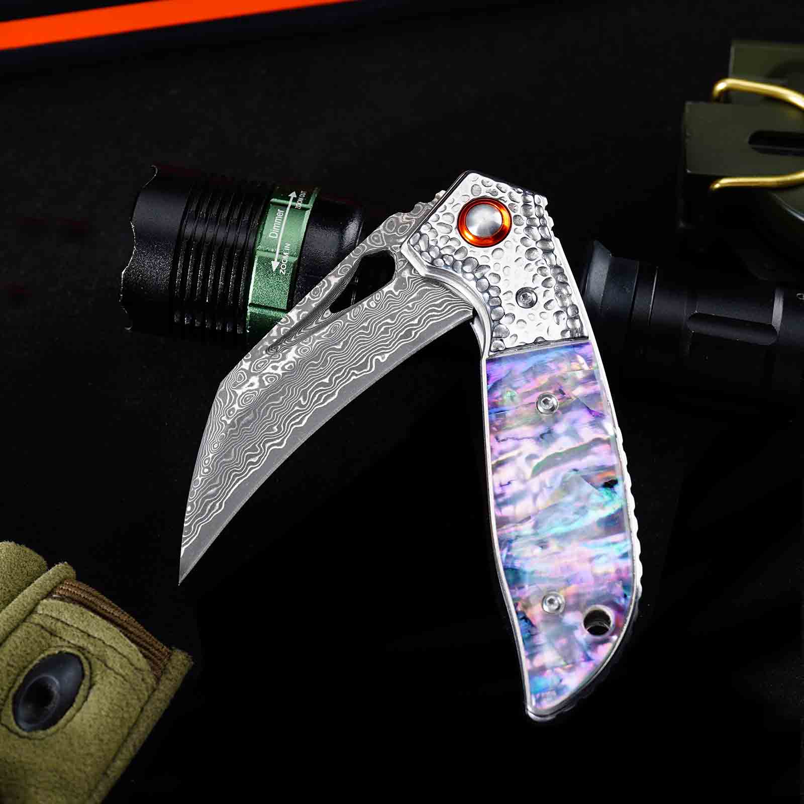 Tunafire GT-989 Folding Pocket Knife ,76-Layer Damascus Steel Blade, Colored Beads Handle, Built-in Bearing EDC Knife