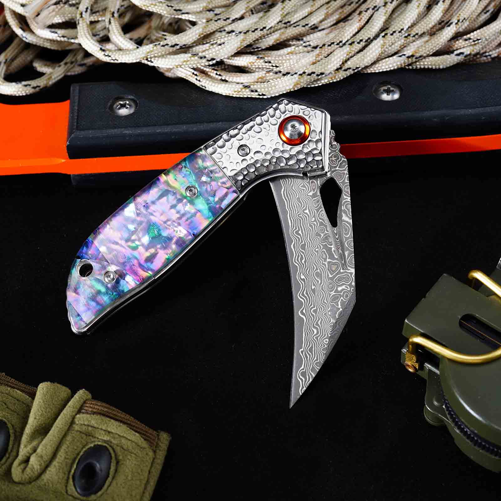 Tunafire GT-989 Folding Pocket Knife ,76-Layer Damascus Steel Blade, Colored Beads Handle, Built-in Bearing EDC Knife