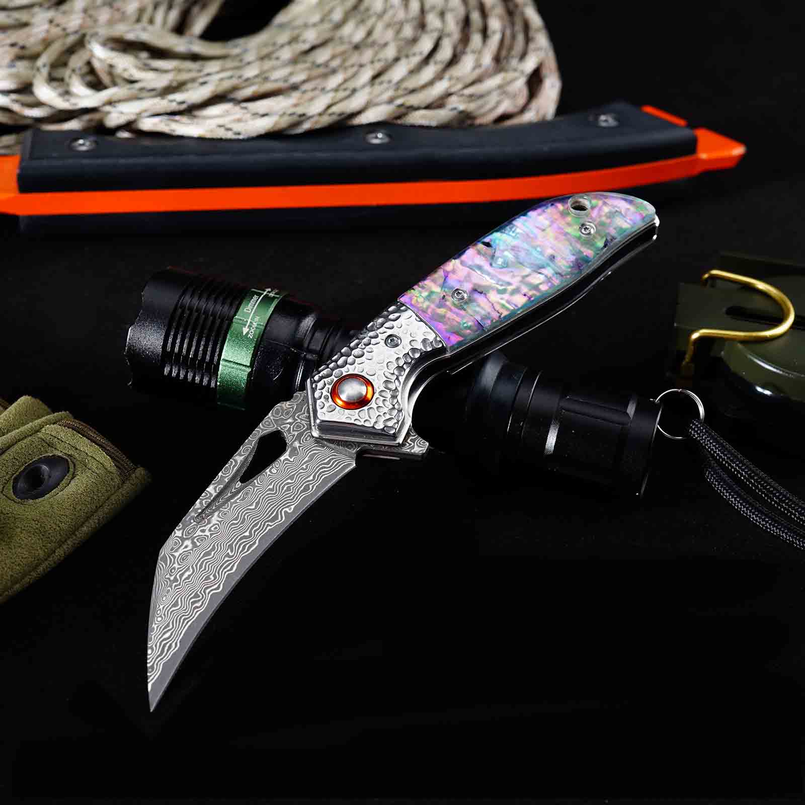 Tunafire GT-989 Folding Pocket Knife ,76-Layer Damascus Steel Blade, Colored Beads Handle, Built-in Bearing EDC Knife