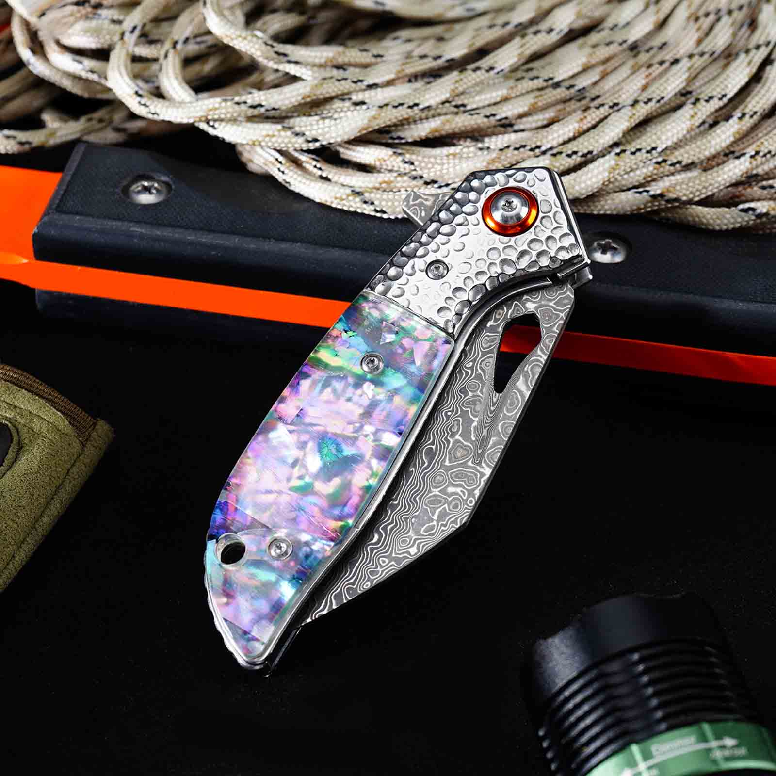 Tunafire GT-989 Folding Pocket Knife ,76-Layer Damascus Steel Blade, Colored Beads Handle, Built-in Bearing EDC Knife