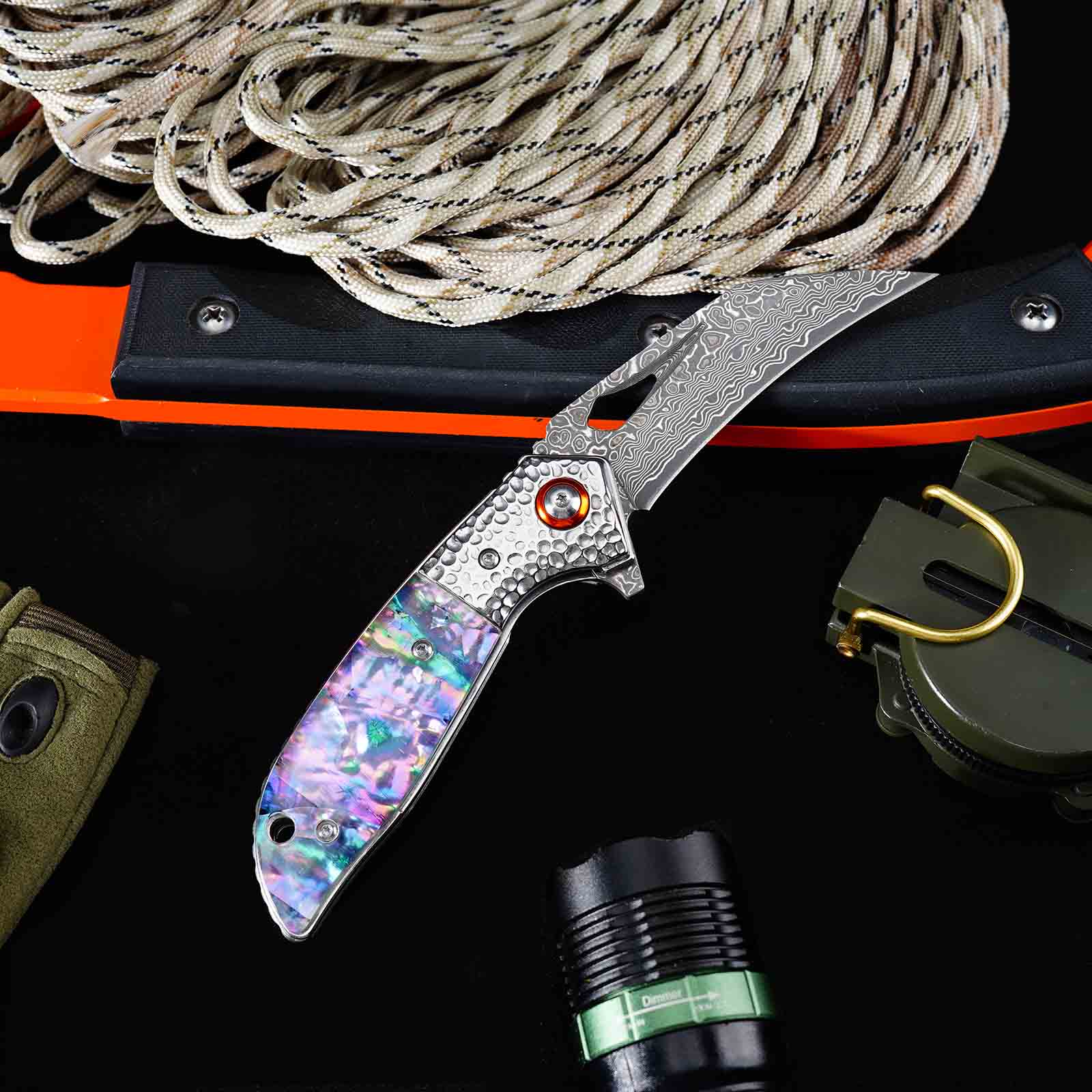 Tunafire GT-989 Folding Pocket Knife ,76-Layer Damascus Steel Blade, Colored Beads Handle, Built-in Bearing EDC Knife