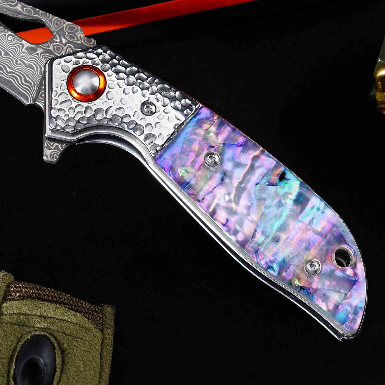 Tunafire GT-989 Folding Pocket Knife ,76-Layer Damascus Steel Blade, Colored Beads Handle, Built-in Bearing EDC Knife