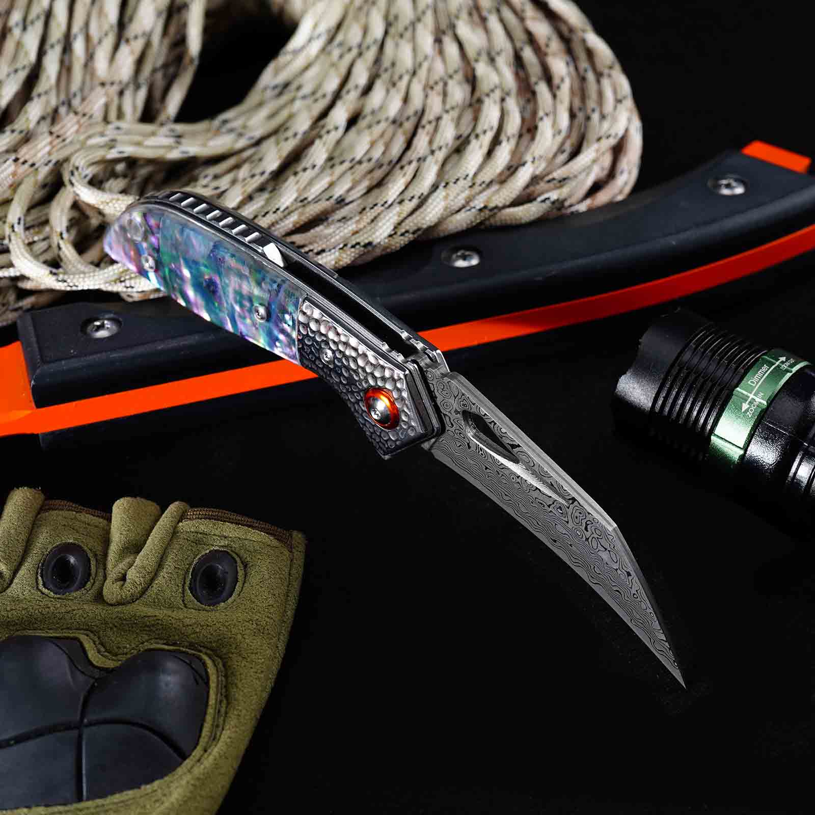 Tunafire GT-989 Folding Pocket Knife ,76-Layer Damascus Steel Blade, Colored Beads Handle, Built-in Bearing EDC Knife