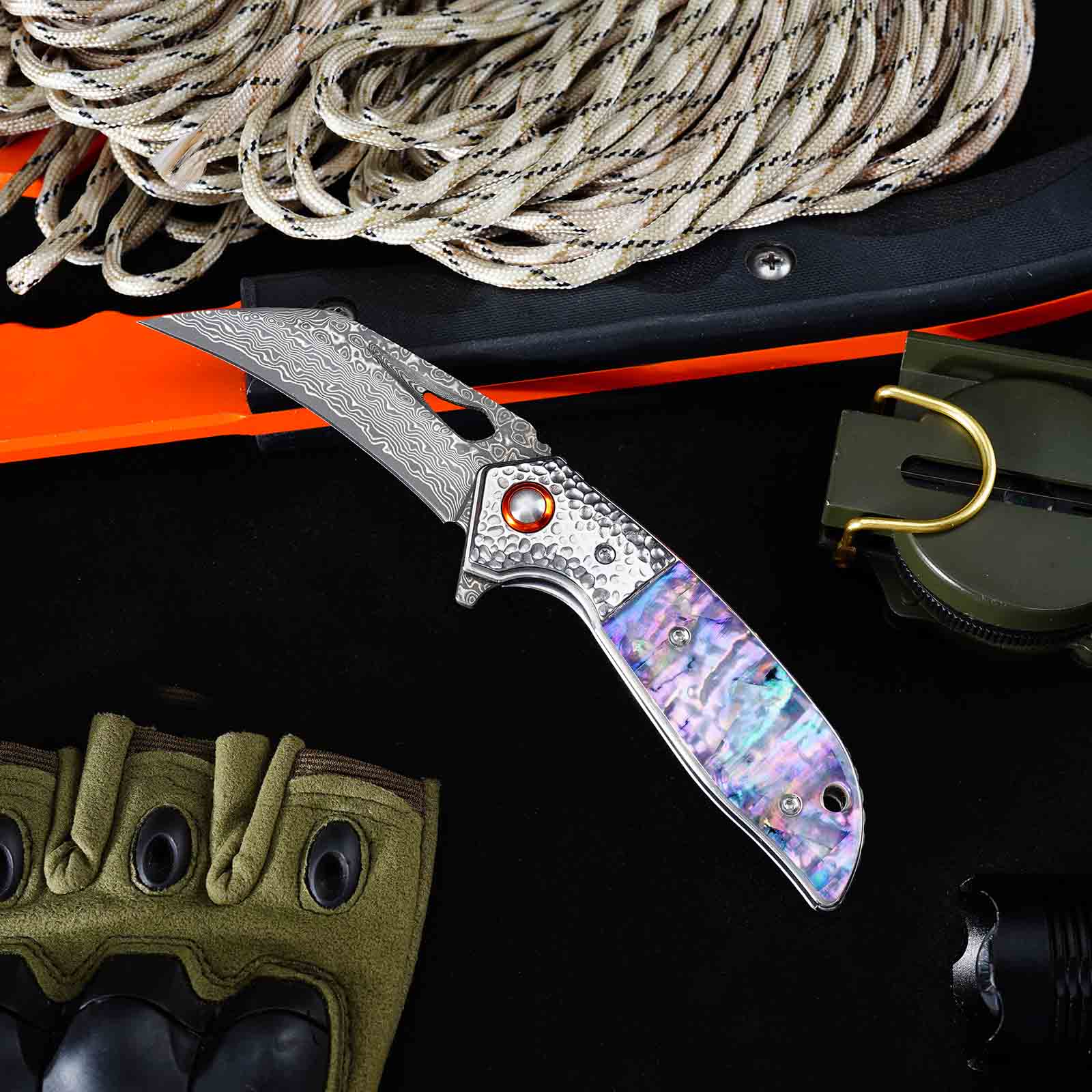 Tunafire GT-989 Folding Pocket Knife ,76-Layer Damascus Steel Blade, Colored Beads Handle, Built-in Bearing EDC Knife