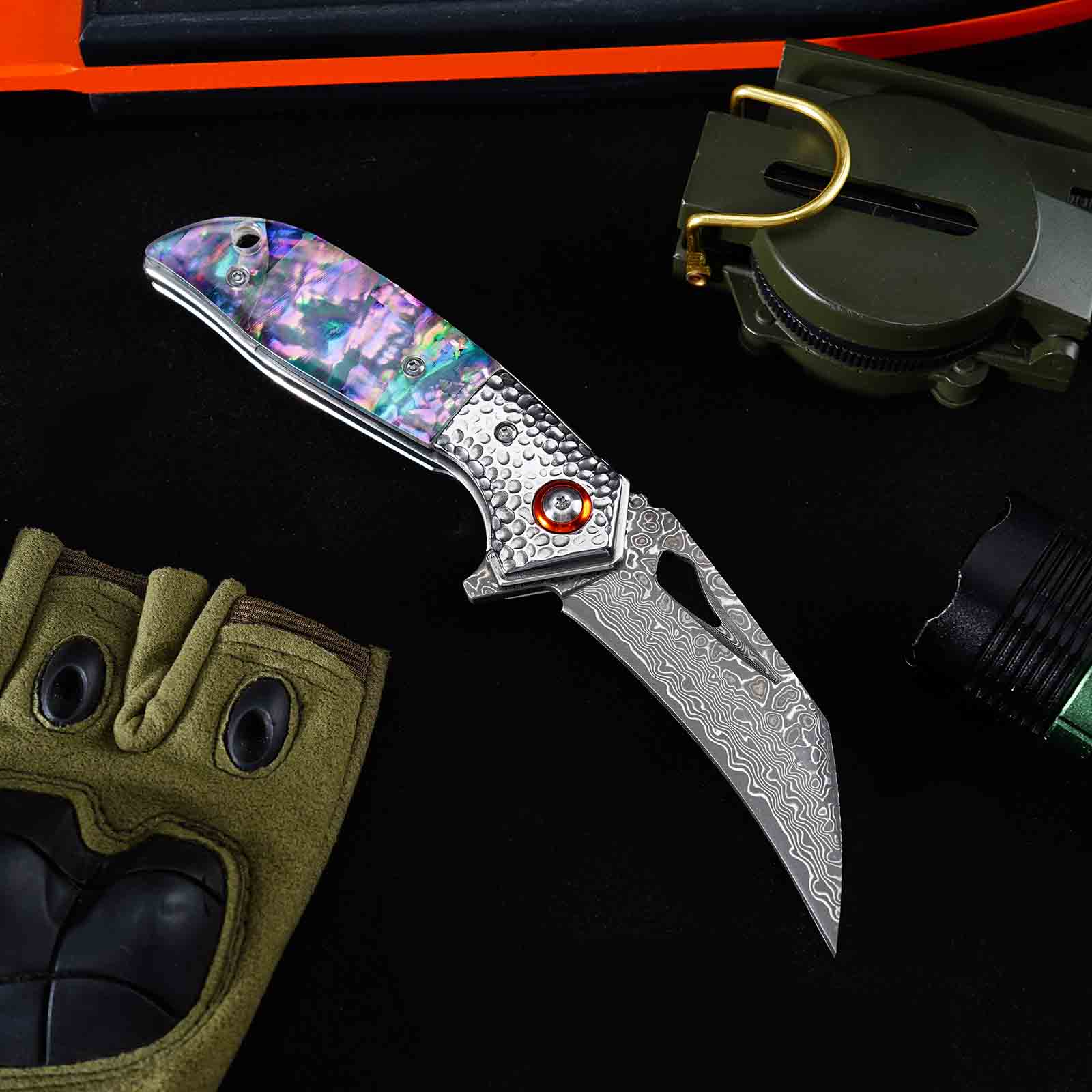 Tunafire GT-989 Folding Pocket Knife ,76-Layer Damascus Steel Blade, Colored Beads Handle, Built-in Bearing EDC Knife