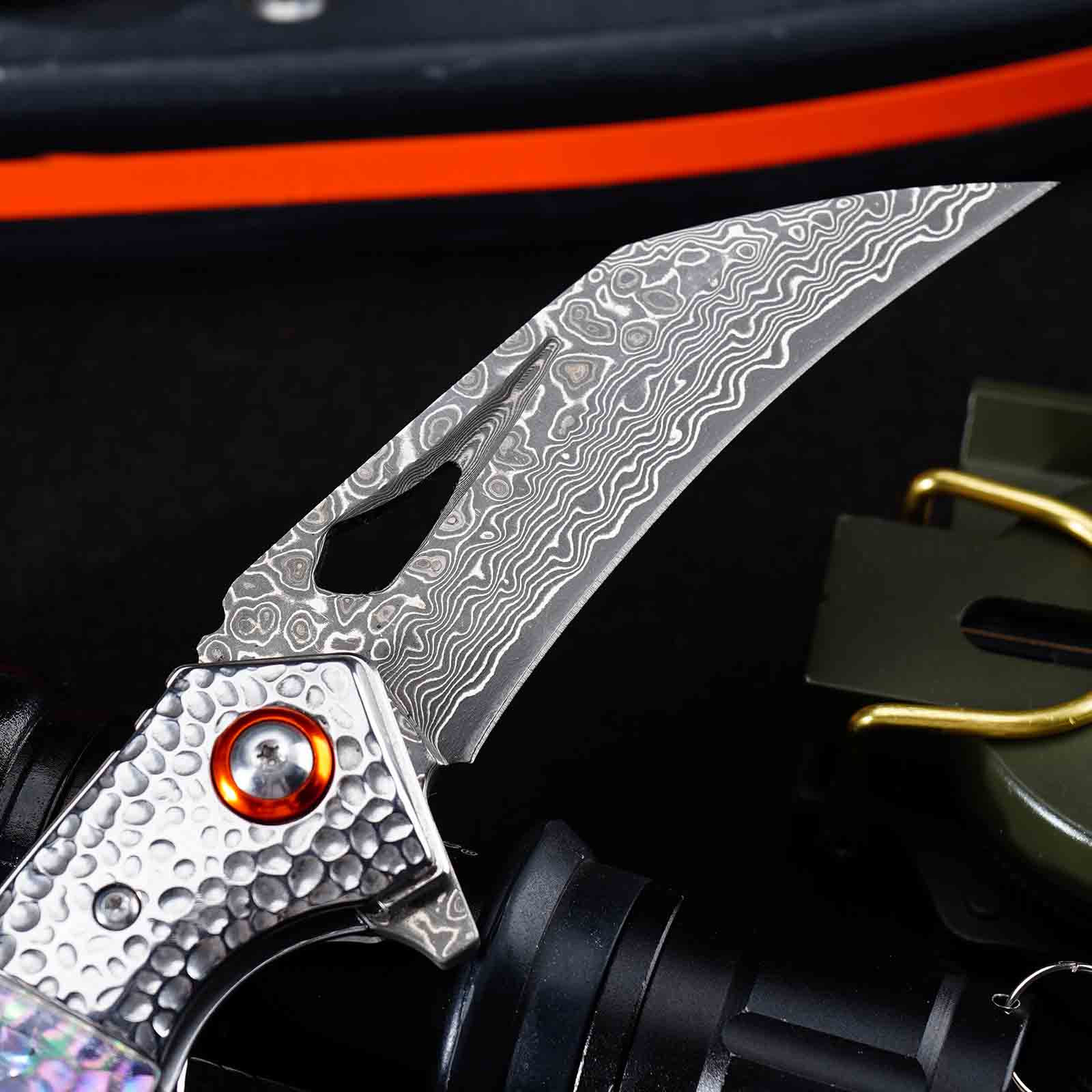 Tunafire GT-989 Folding Pocket Knife ,76-Layer Damascus Steel Blade, Colored Beads Handle, Built-in Bearing EDC Knife