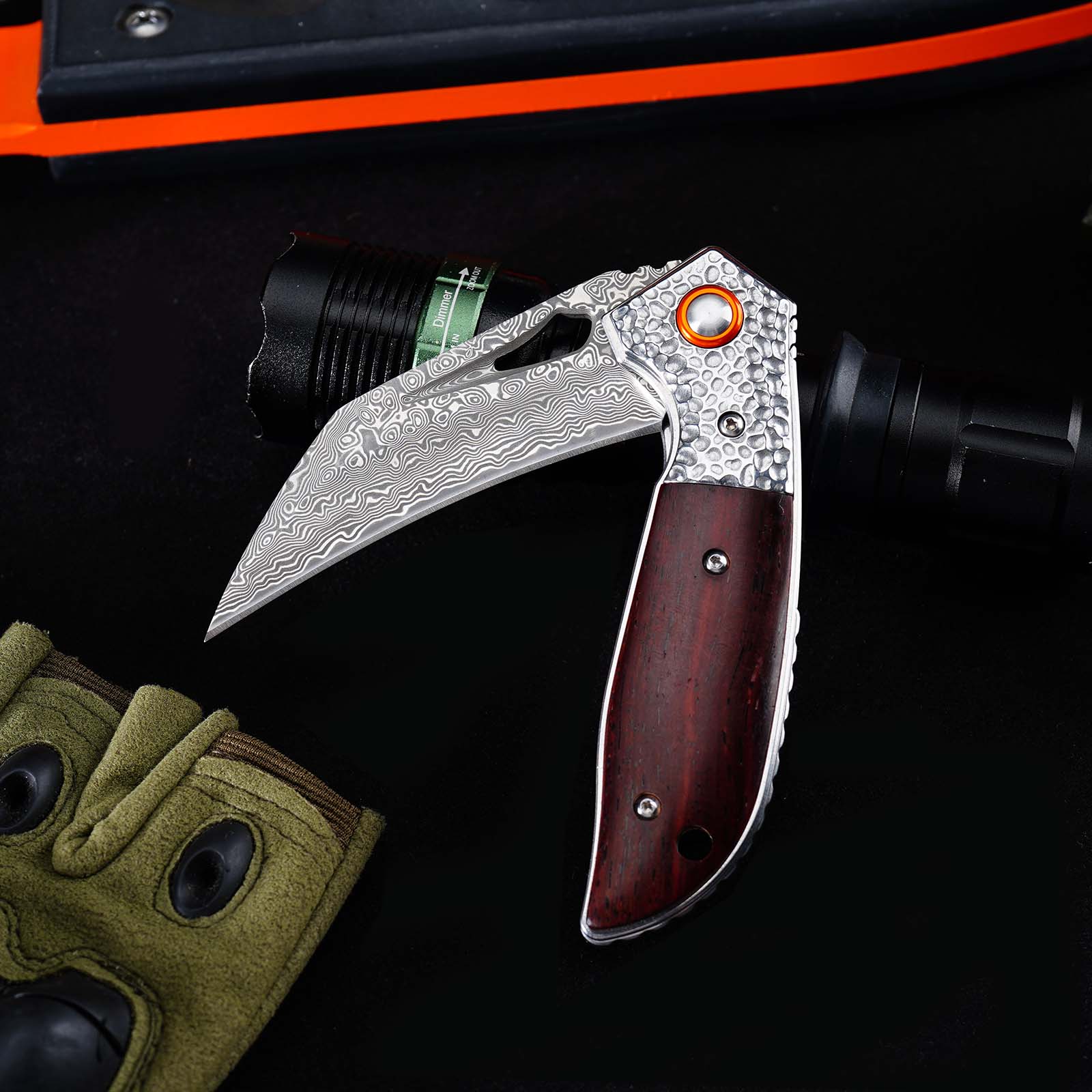 Tunafire GT-989 Folding Knife, 76-Layer Damascus Steel Pocket Knife, rosewood Handle, Built-in Bearing EDC Knife