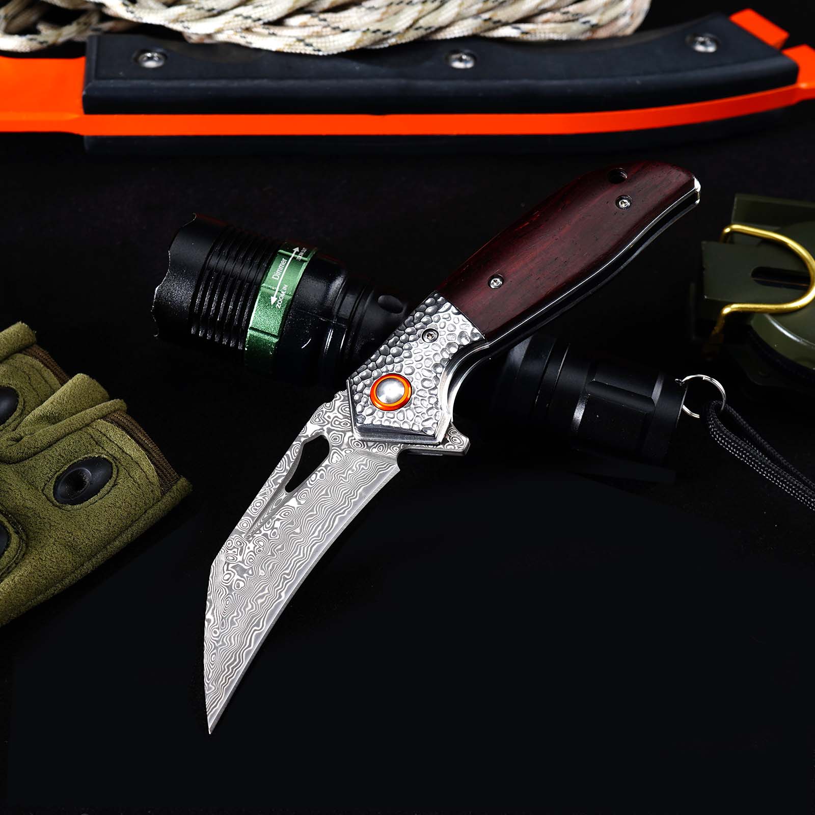 Tunafire GT-989 Folding Knife, 76-Layer Damascus Steel Pocket Knife, rosewood Handle, Built-in Bearing EDC Knife
