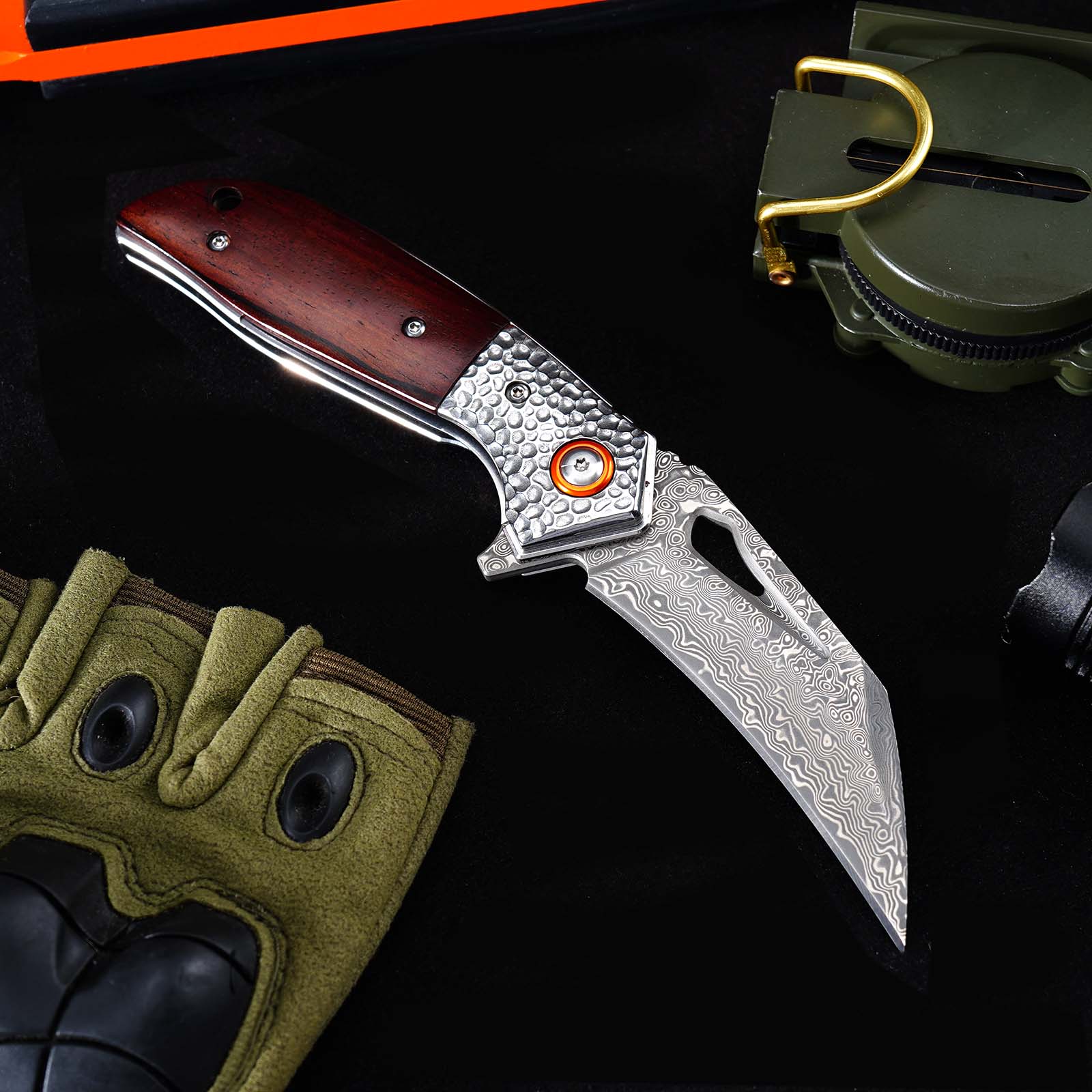 Tunafire GT-989 Folding Knife, 76-Layer Damascus Steel Pocket Knife, rosewood Handle, Built-in Bearing EDC Knife