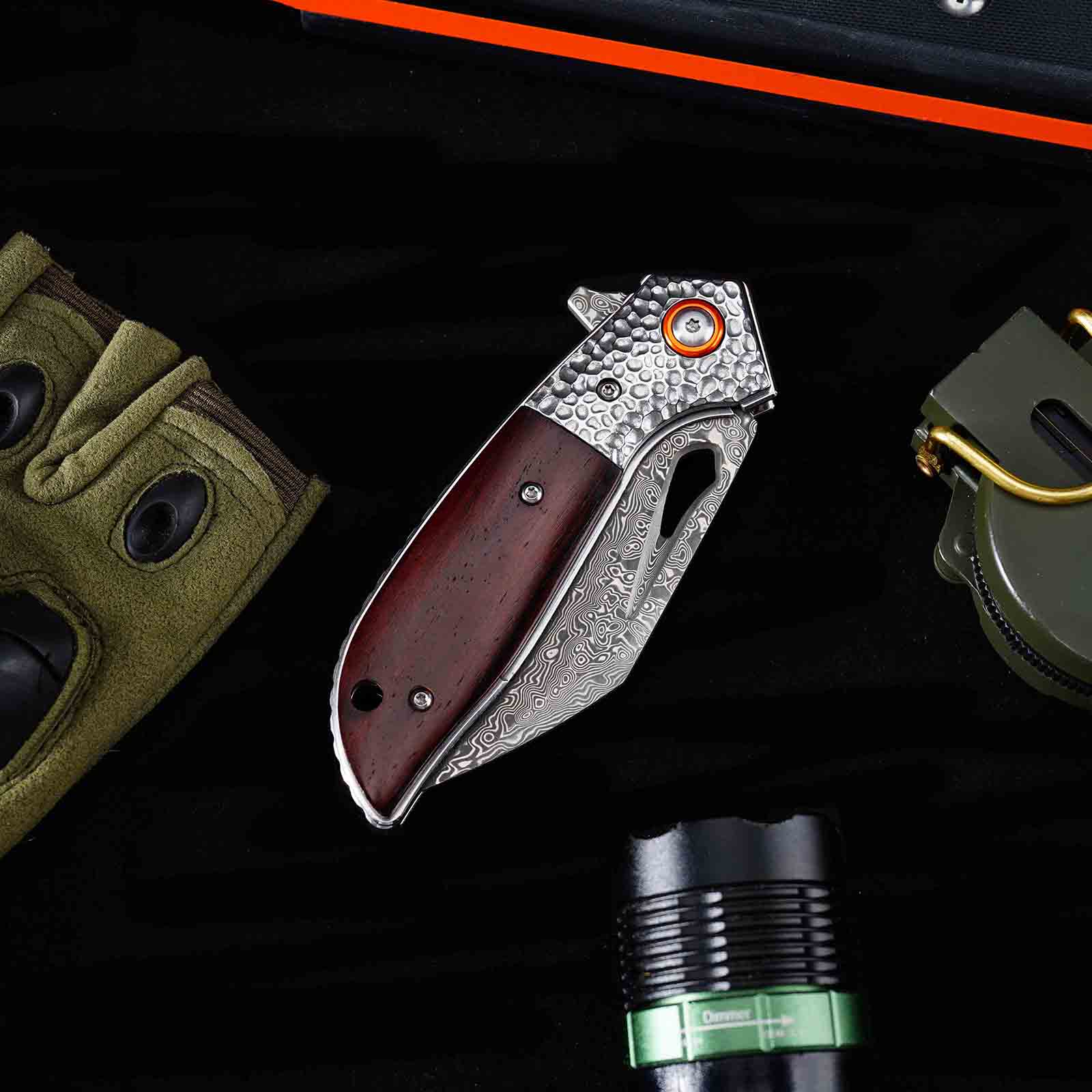 Tunafire GT-989 Folding Knife, 76-Layer Damascus Steel Pocket Knife, rosewood Handle, Built-in Bearing EDC Knife