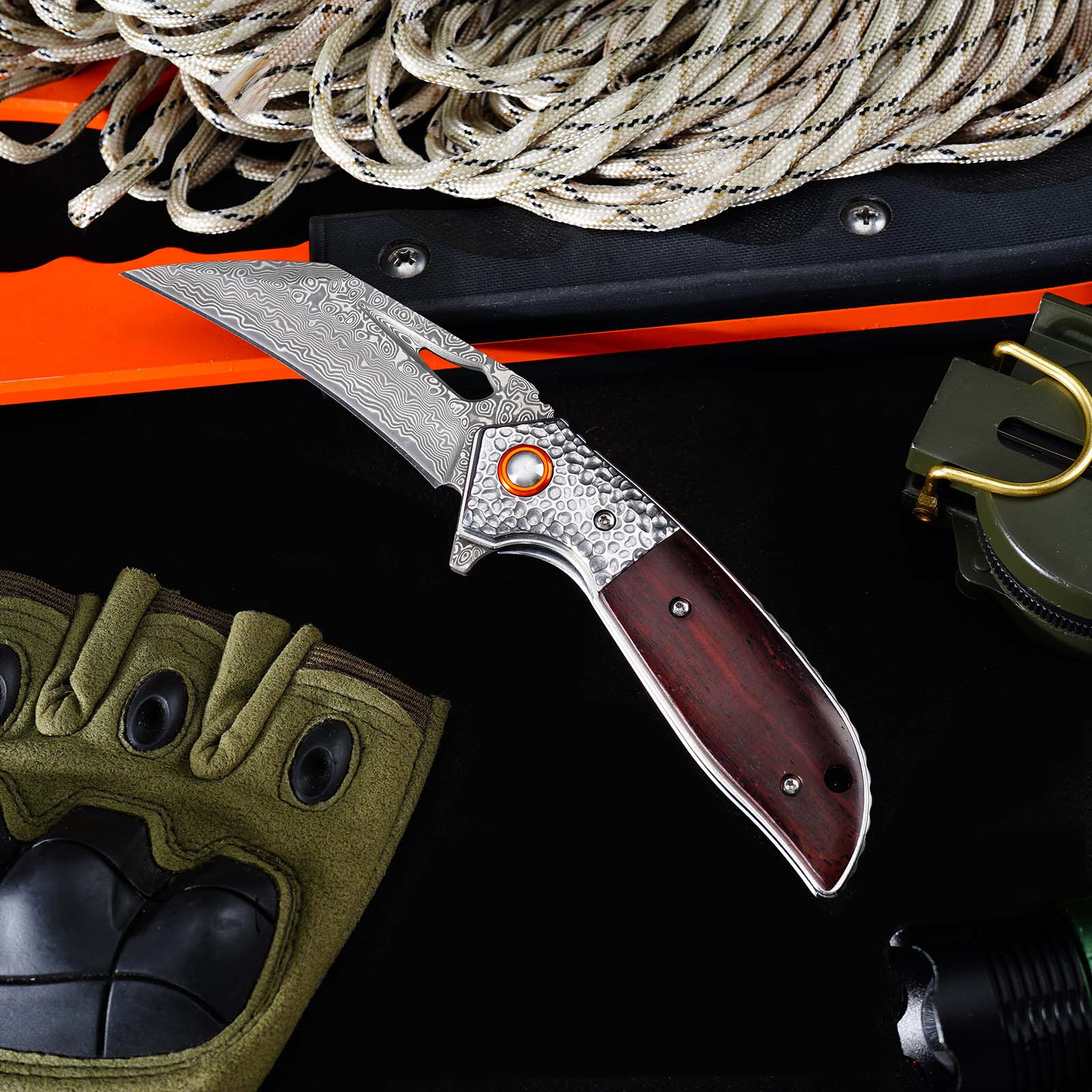 Tunafire GT-989 Folding Knife, 76-Layer Damascus Steel Pocket Knife, rosewood Handle, Built-in Bearing EDC Knife