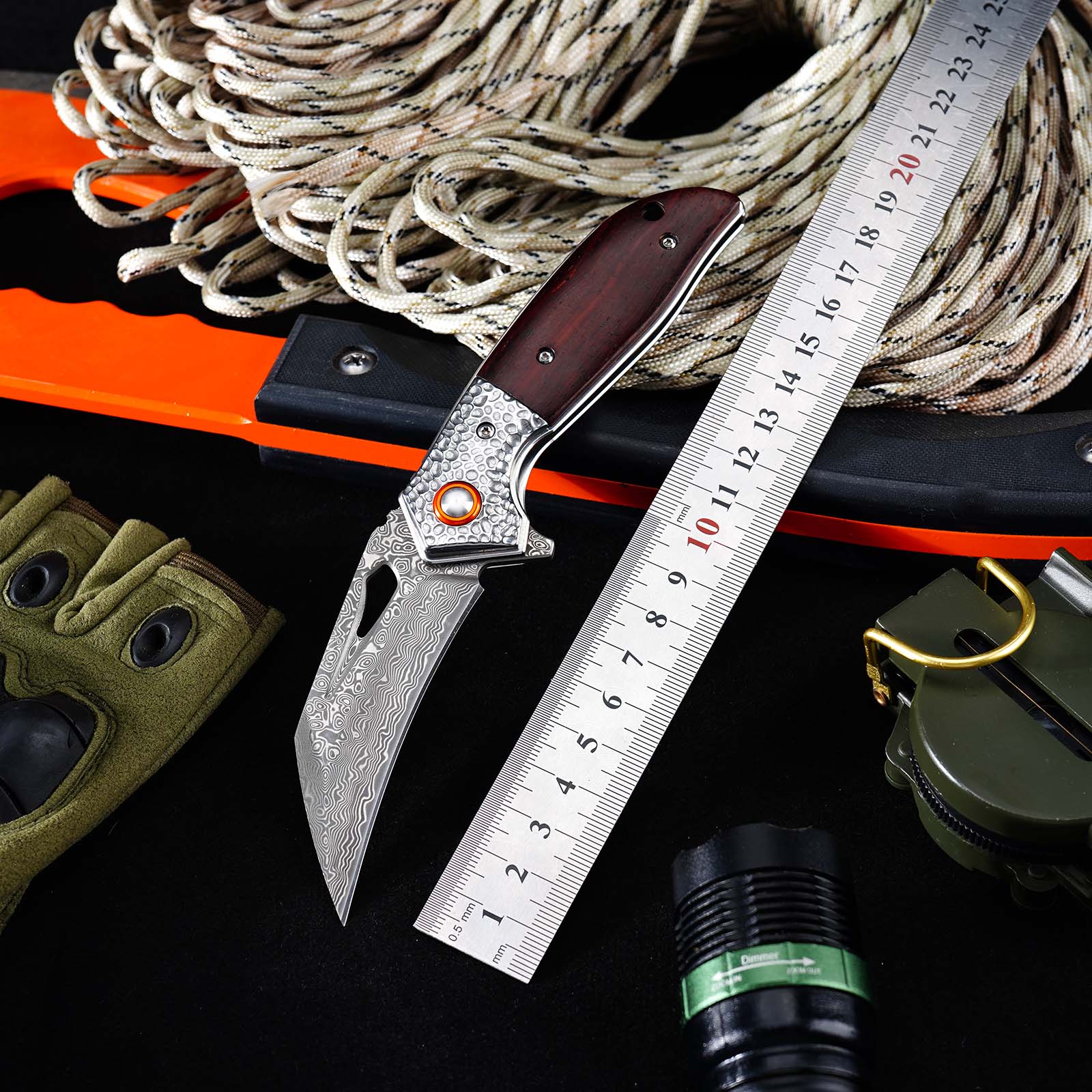 Tunafire GT-989 Folding Knife, 76-Layer Damascus Steel Pocket Knife, rosewood Handle, Built-in Bearing EDC Knife