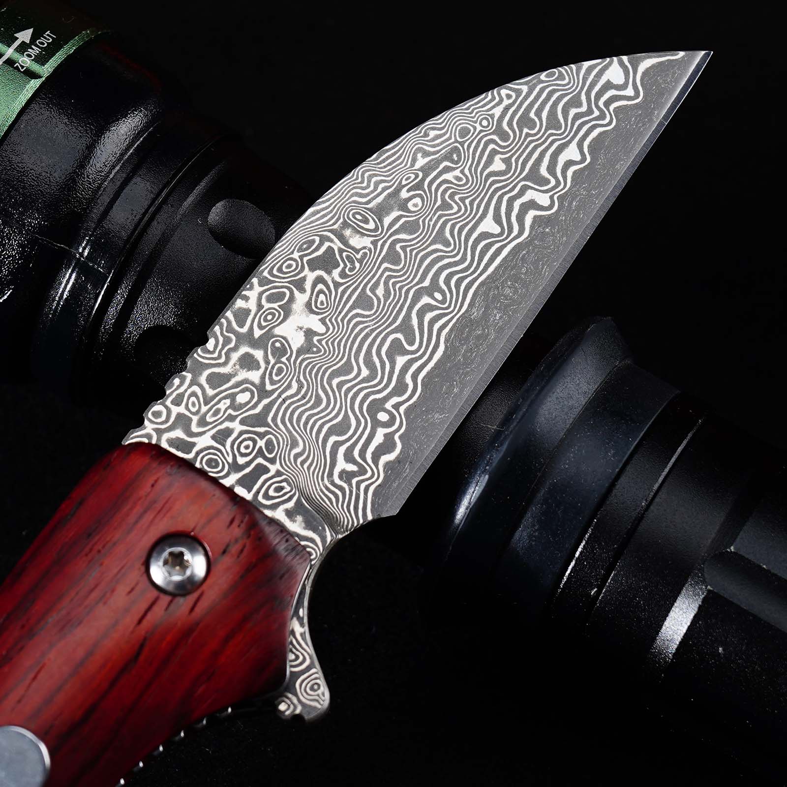 Tunafire GT-DM022 Damascus Steel Folding Knife Ebony Wood Handle Ball Bearing 59-60HRC Mini EDC Pocket Knife
