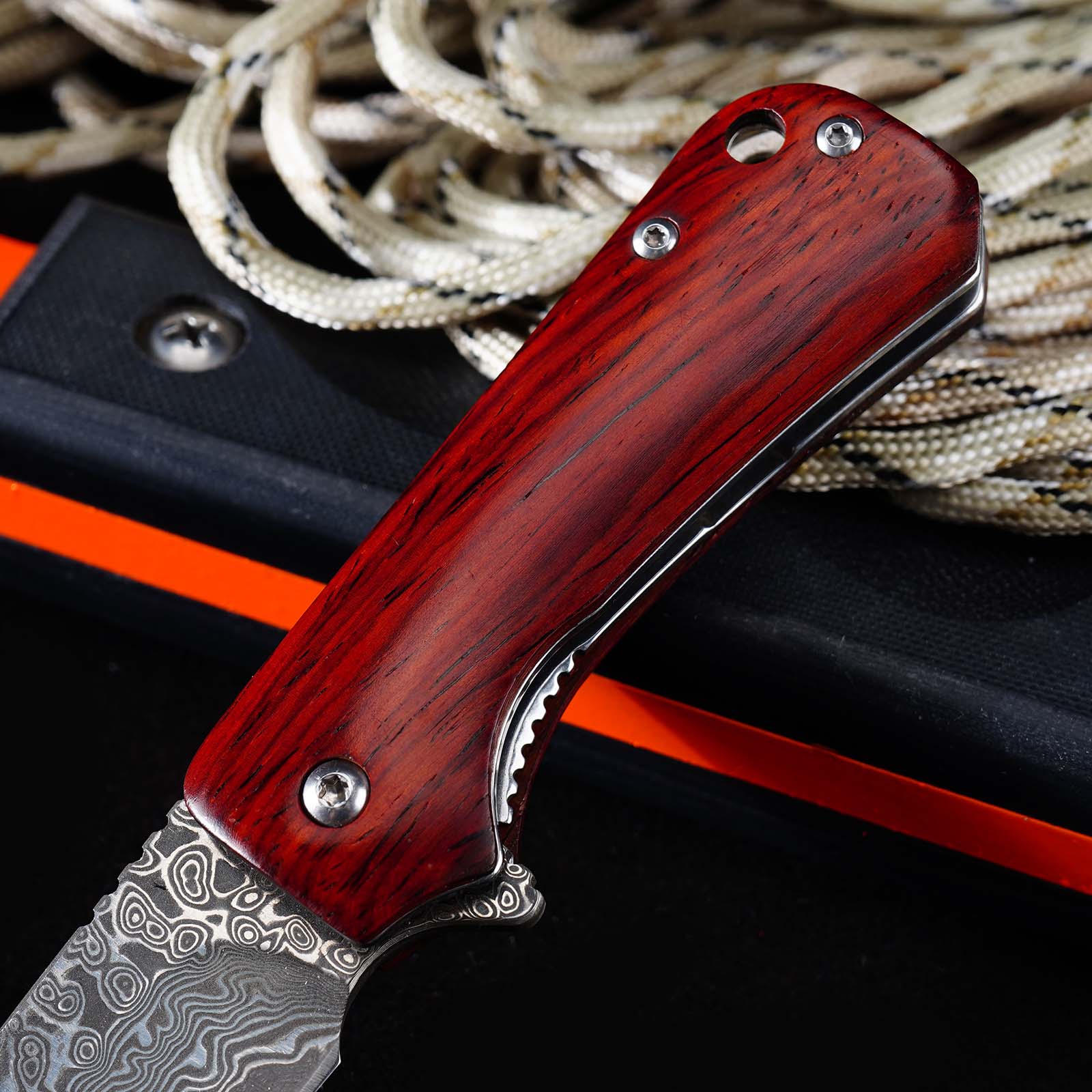 Tunafire GT-DM022 Damascus Steel Folding Knife Ebony Wood Handle Ball Bearing 59-60HRC Mini EDC Pocket Knife