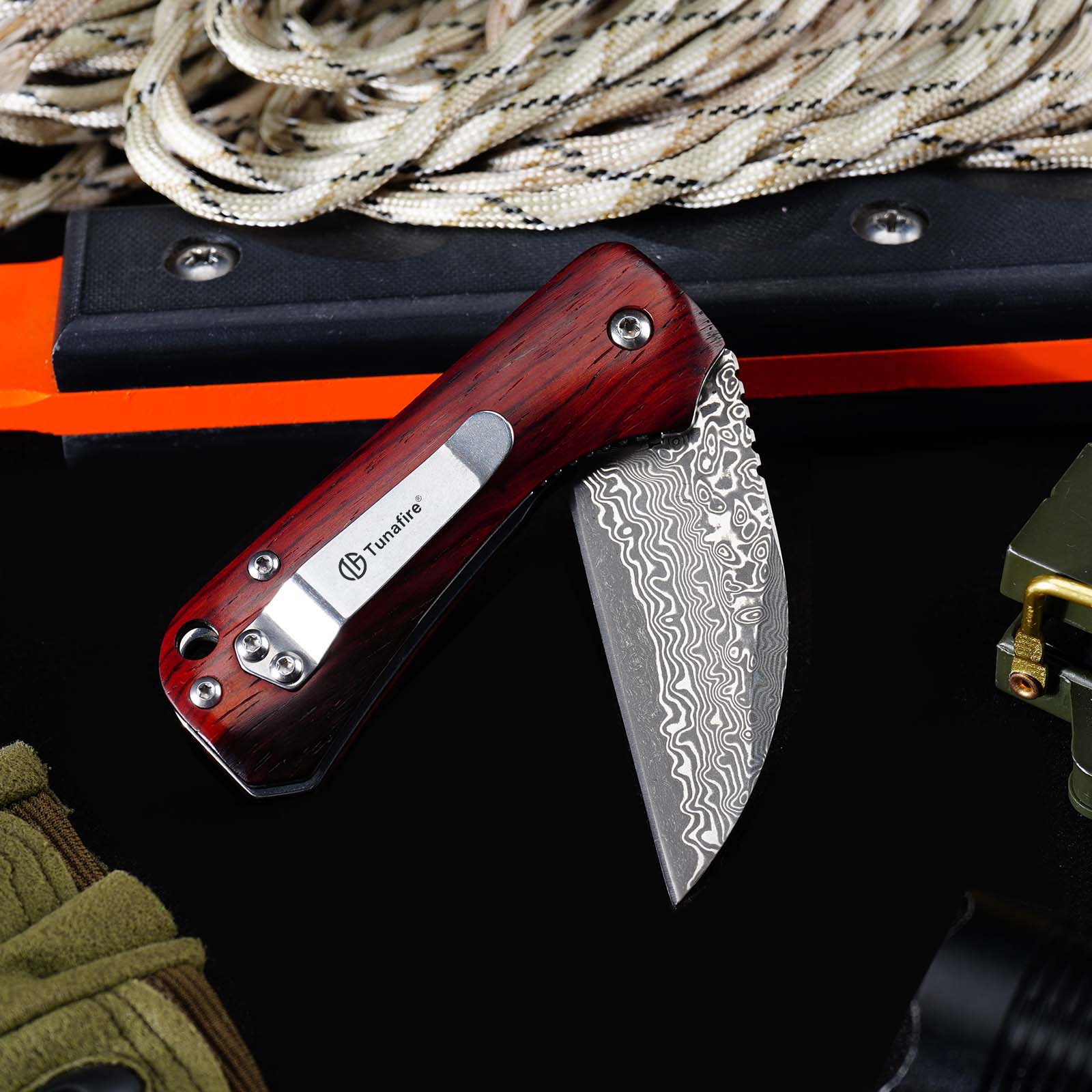 Tunafire GT-DM022 Damascus Steel Folding Knife Ebony Wood Handle Ball Bearing 59-60HRC Mini EDC Pocket Knife