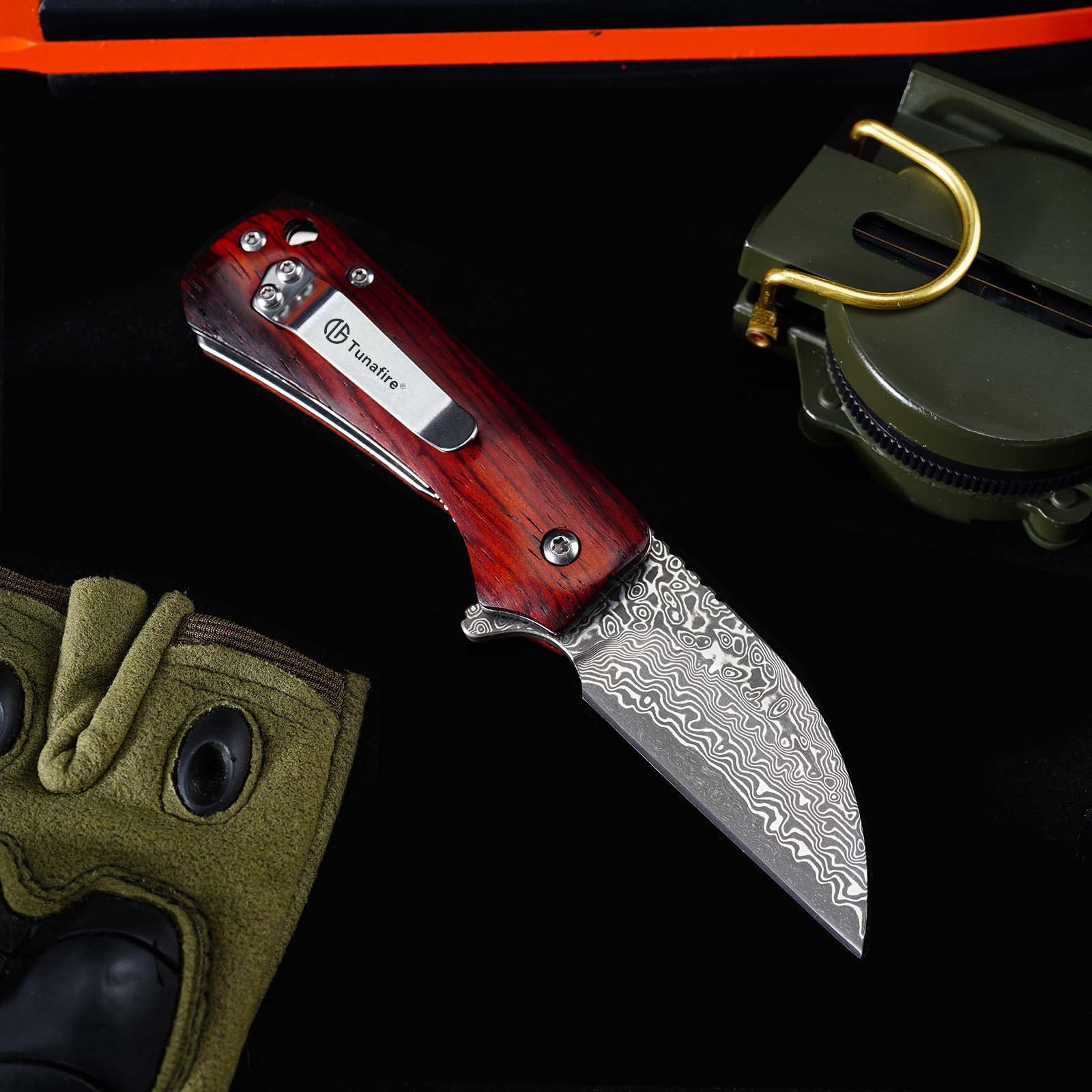 Tunafire GT-DM022 Damascus Steel Folding Knife Ebony Wood Handle Ball Bearing 59-60HRC Mini EDC Pocket Knife