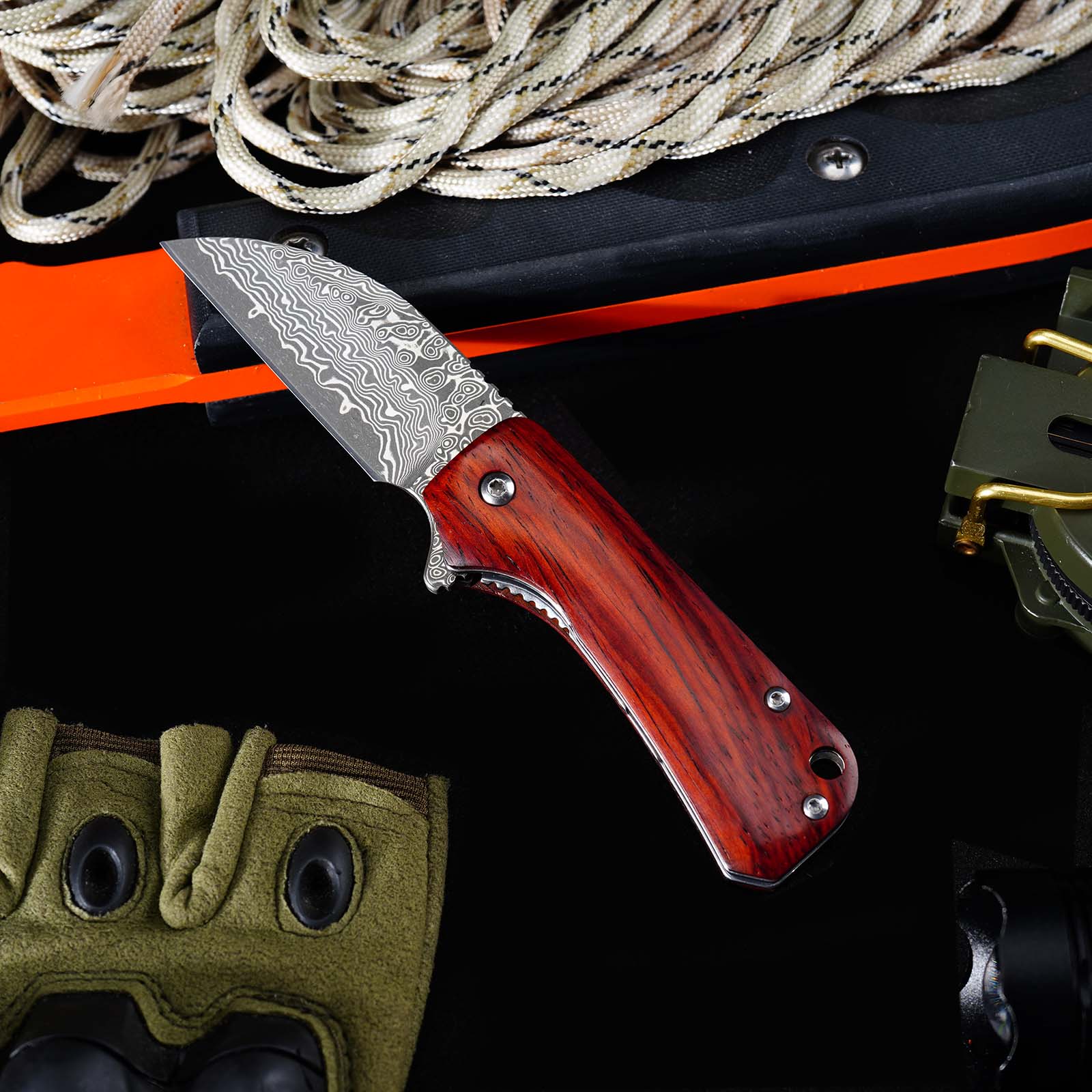 Tunafire GT-DM022 Damascus Steel Folding Knife Ebony Wood Handle Ball Bearing 59-60HRC Mini EDC Pocket Knife