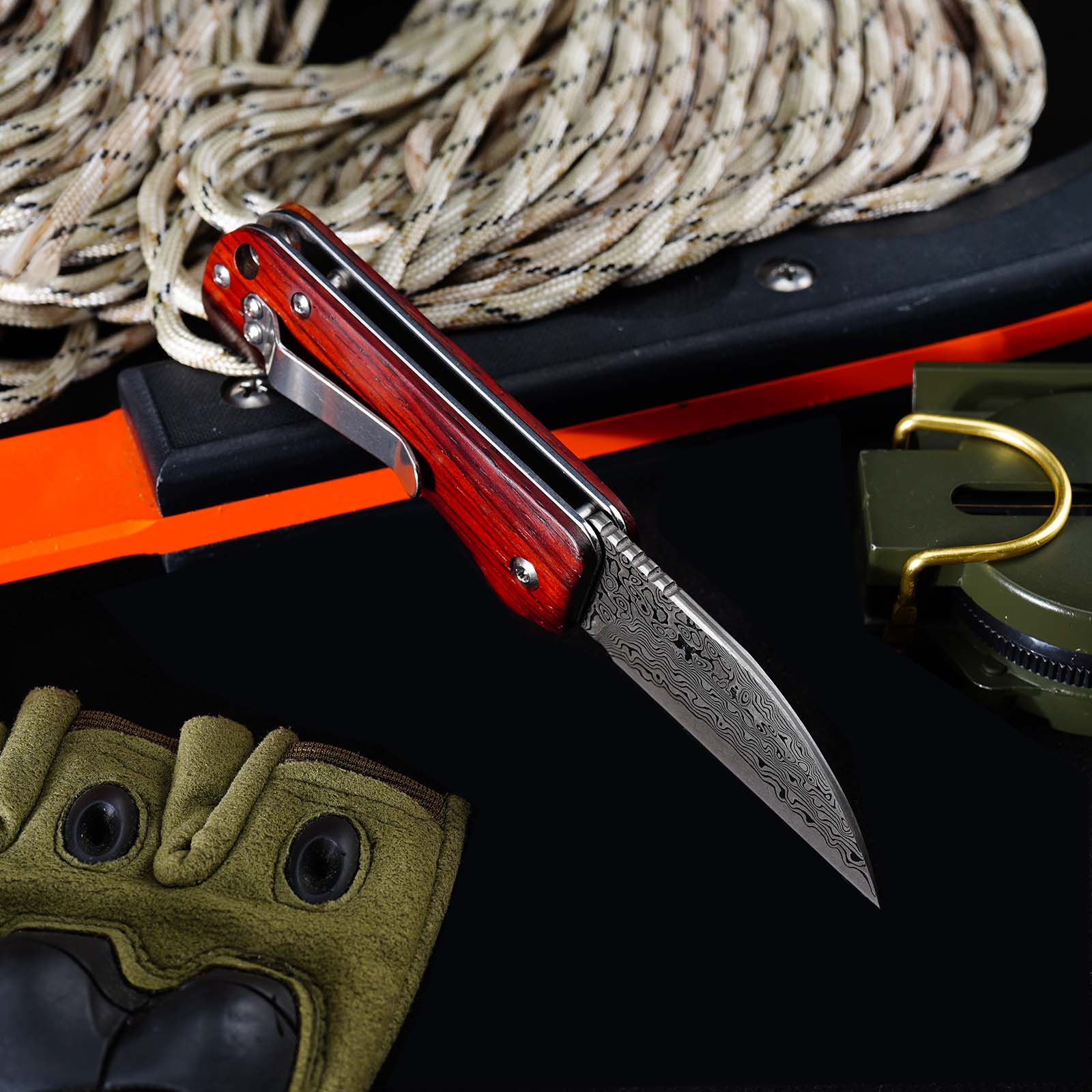 Tunafire GT-DM022 Damascus Steel Folding Knife Ebony Wood Handle Ball Bearing 59-60HRC Mini EDC Pocket Knife
