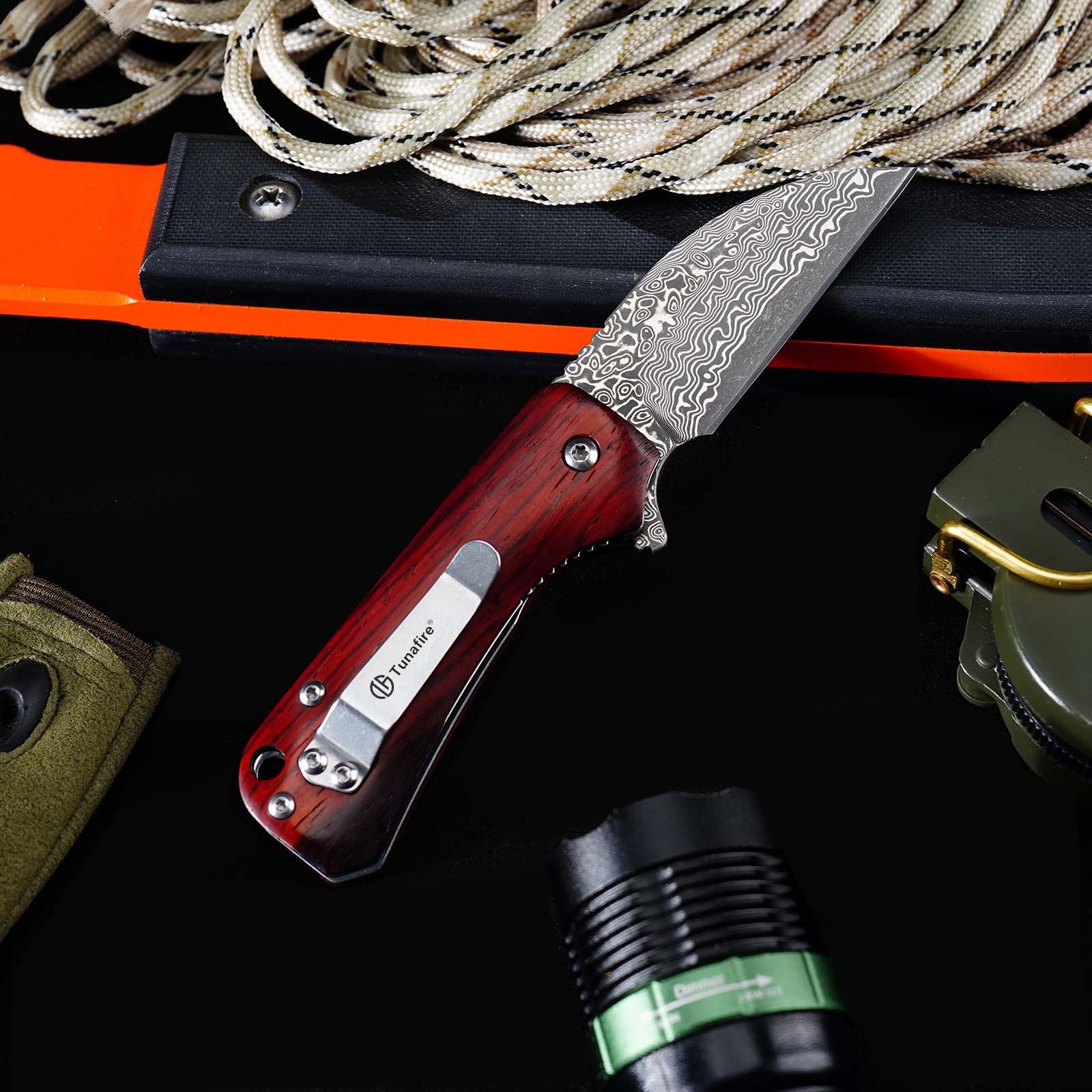 Tunafire GT-DM022 Damascus Steel Folding Knife Ebony Wood Handle Ball Bearing 59-60HRC Mini EDC Pocket Knife