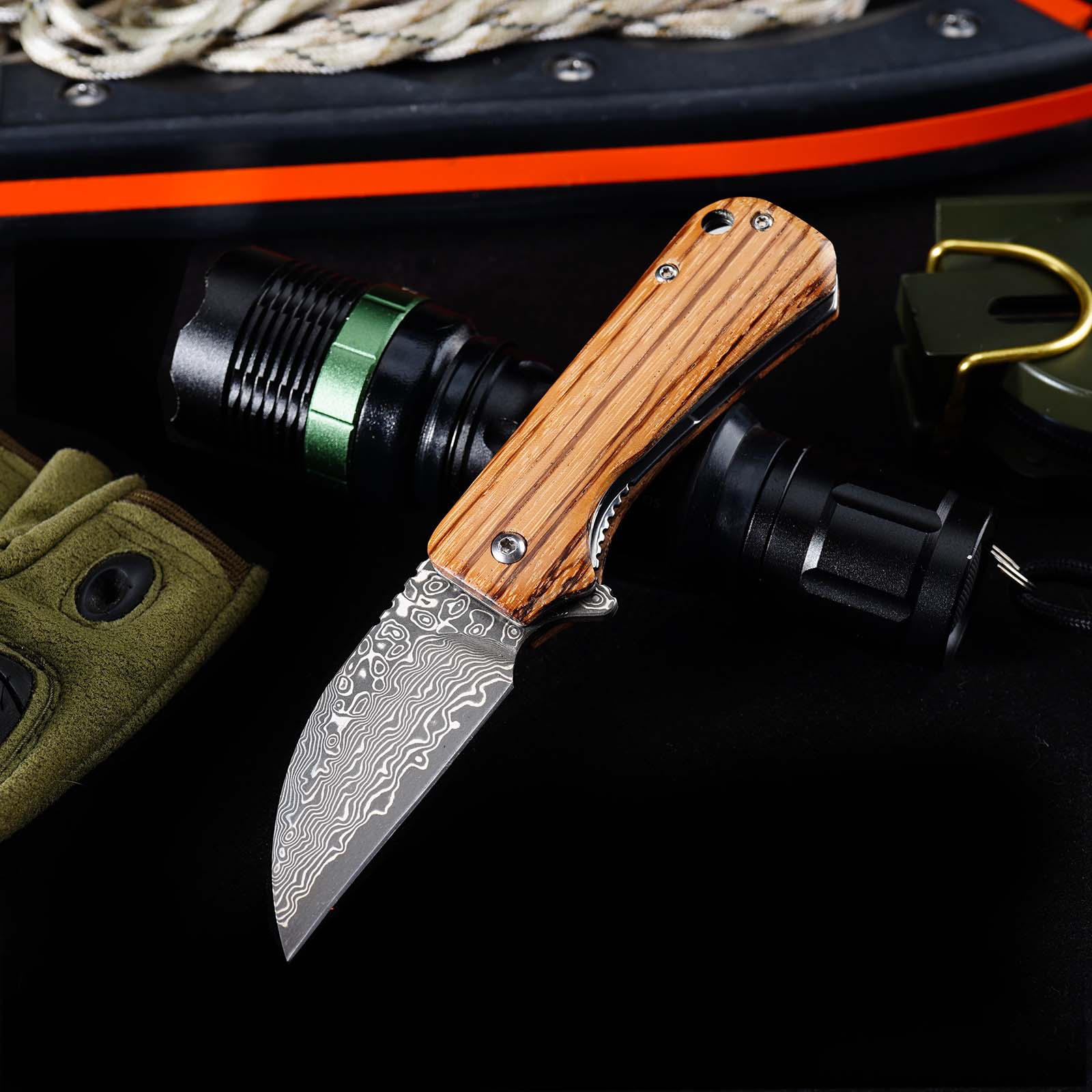 Tunafire Mini EDC Pocket Knife GT-DM022 Damascus Steel Folding Knife Zebra Wood Handle Ball Bearing Portable Everyday Carry Knife