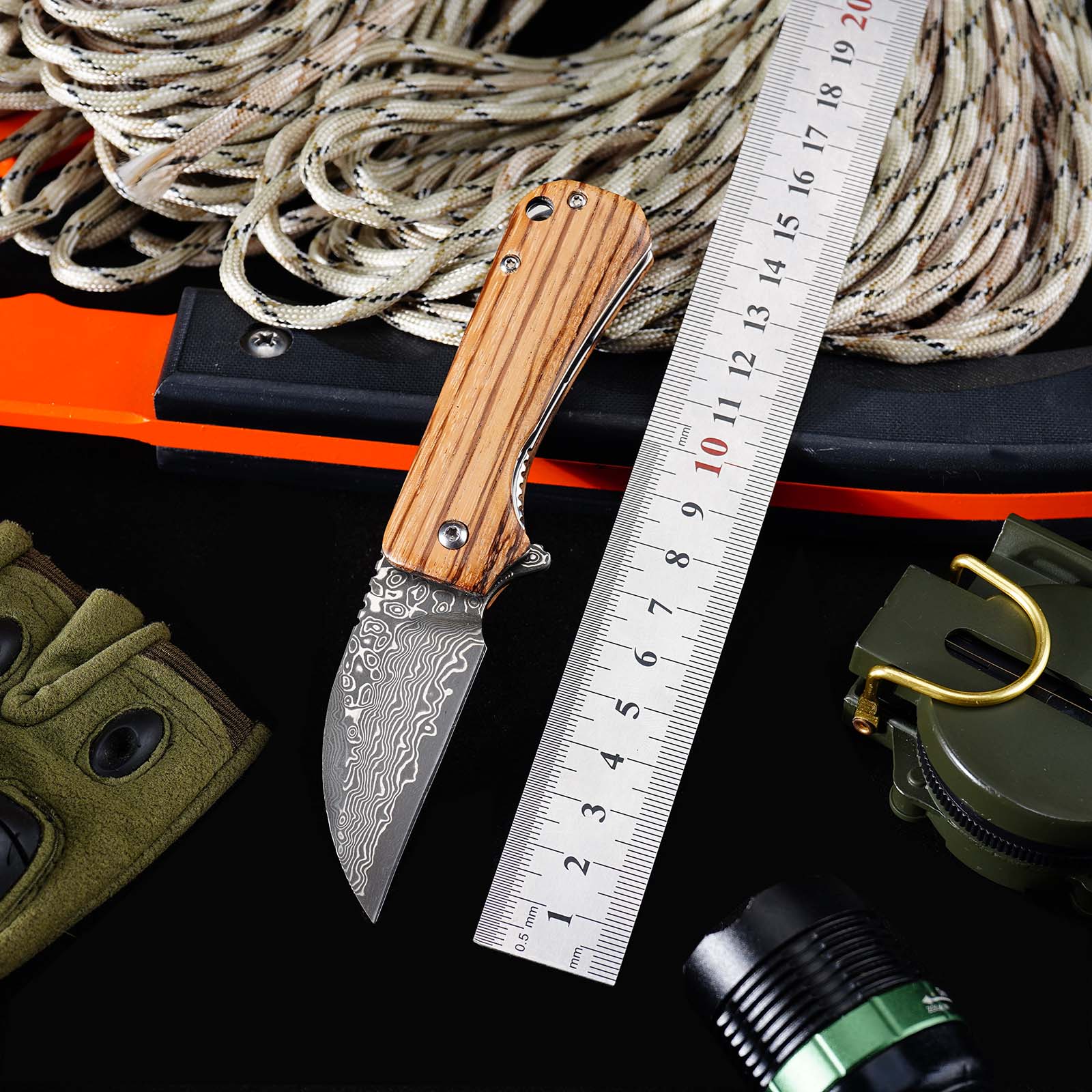 Tunafire Mini EDC Pocket Knife GT-DM022 Damascus Steel Folding Knife Zebra Wood Handle Ball Bearing Portable Everyday Carry Knife