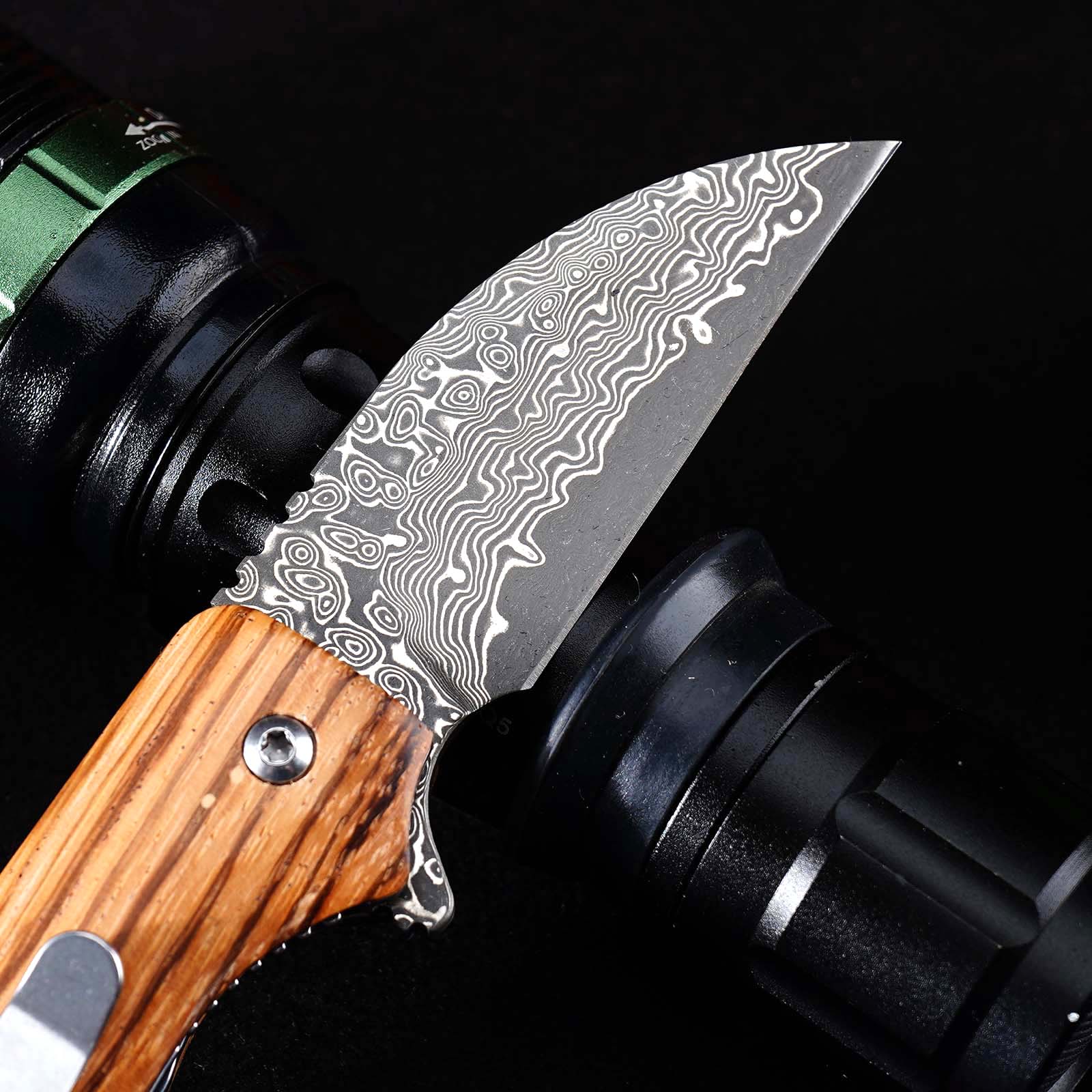 Tunafire Mini EDC Pocket Knife GT-DM022 Damascus Steel Folding Knife Zebra Wood Handle Ball Bearing Portable Everyday Carry Knife