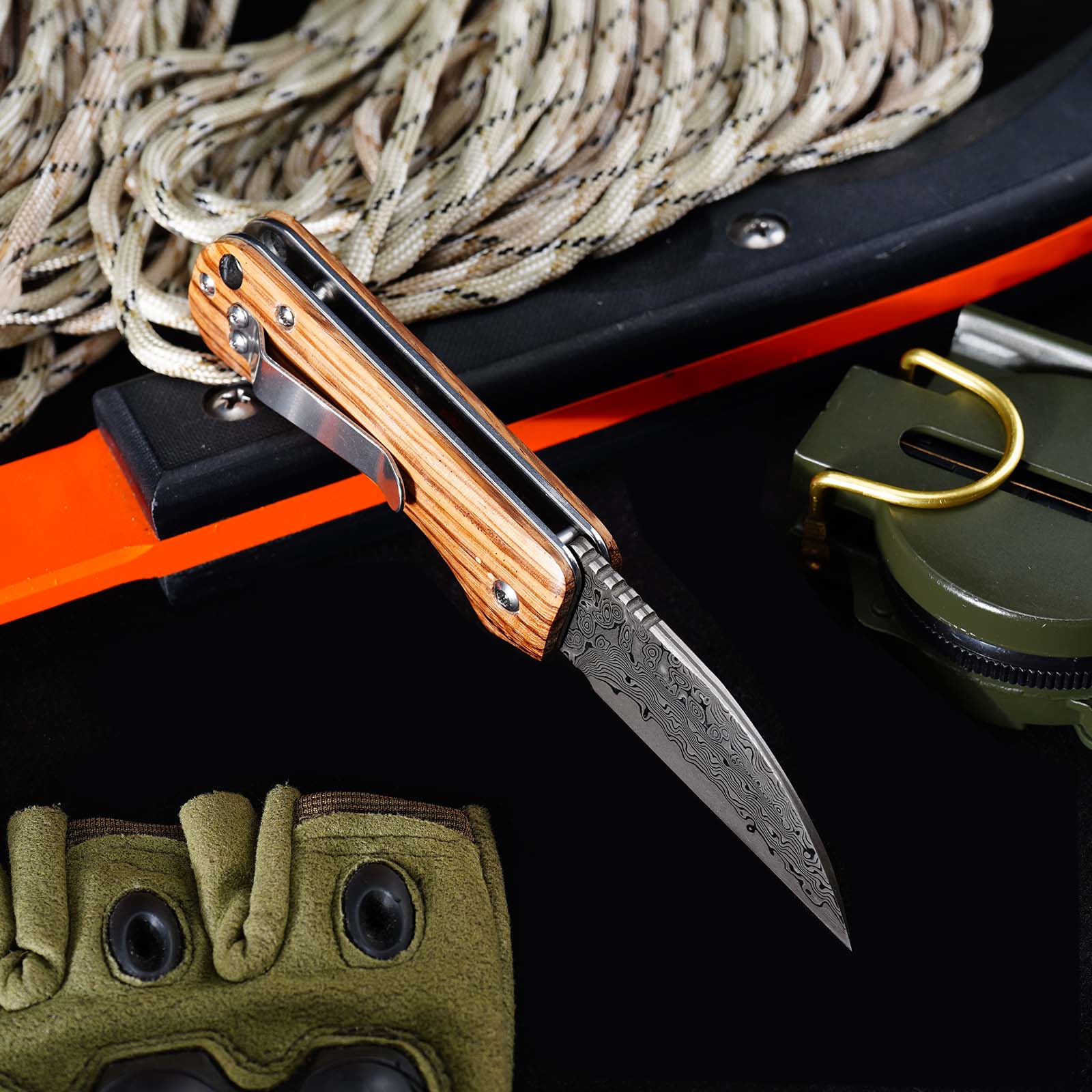 Tunafire Mini EDC Pocket Knife GT-DM022 Damascus Steel Folding Knife Zebra Wood Handle Ball Bearing Portable Everyday Carry Knife