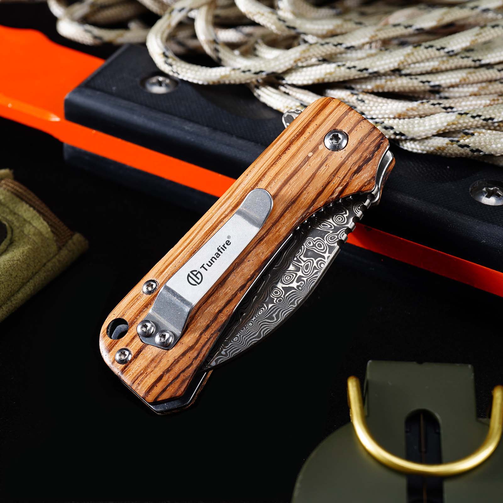 Tunafire Mini EDC Pocket Knife GT-DM022 Damascus Steel Folding Knife Zebra Wood Handle Ball Bearing Portable Everyday Carry Knife