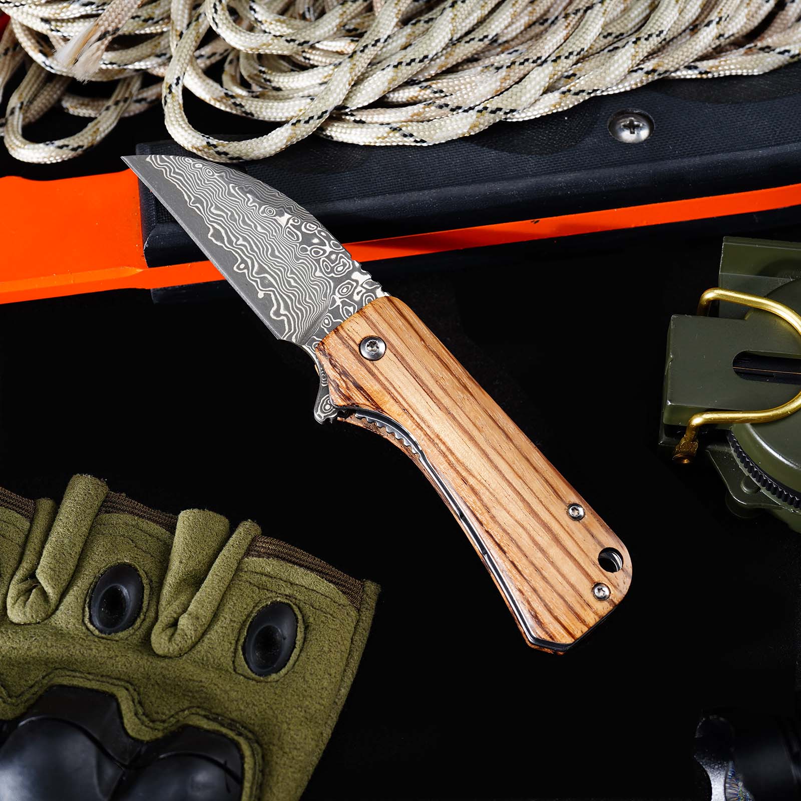 Tunafire Mini EDC Pocket Knife GT-DM022 Damascus Steel Folding Knife Zebra Wood Handle Ball Bearing Portable Everyday Carry Knife