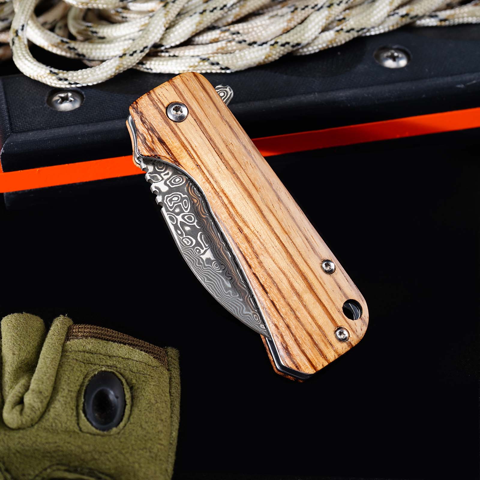 Tunafire Mini EDC Pocket Knife GT-DM022 Damascus Steel Folding Knife Zebra Wood Handle Ball Bearing Portable Everyday Carry Knife