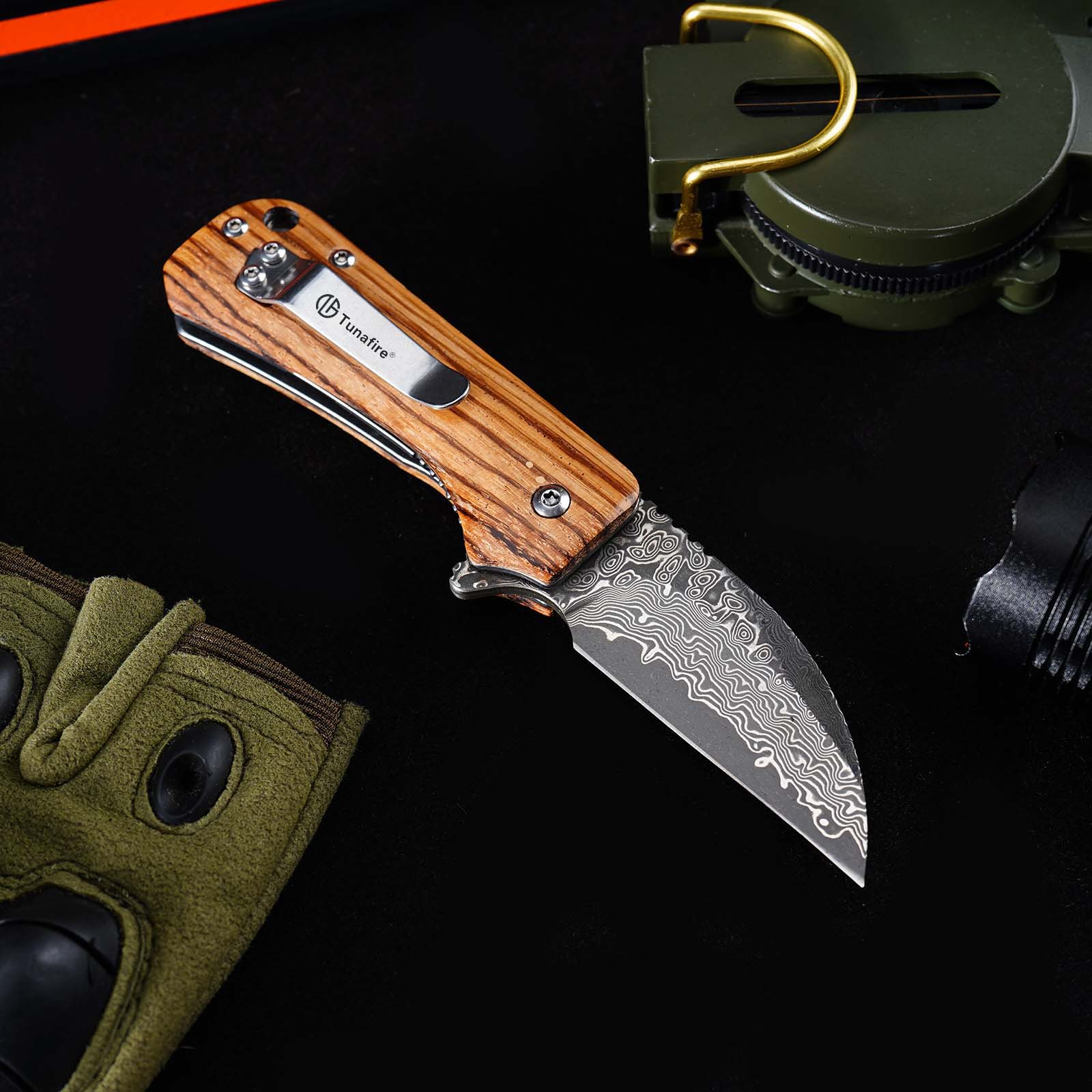 Tunafire Mini EDC Pocket Knife GT-DM022 Damascus Steel Folding Knife Zebra Wood Handle Ball Bearing Portable Everyday Carry Knife