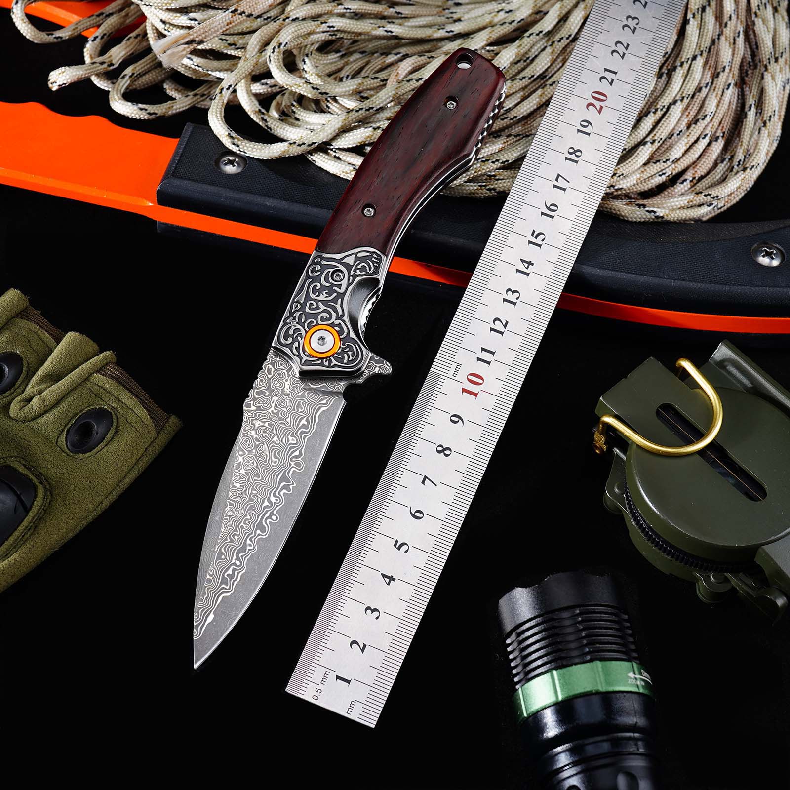 Tunafire GT-DM023 EDC Folding Pocket Knife, Chinese Damascus Steel, Safflower Wood Handle with Smooth Ball Bearing Opening