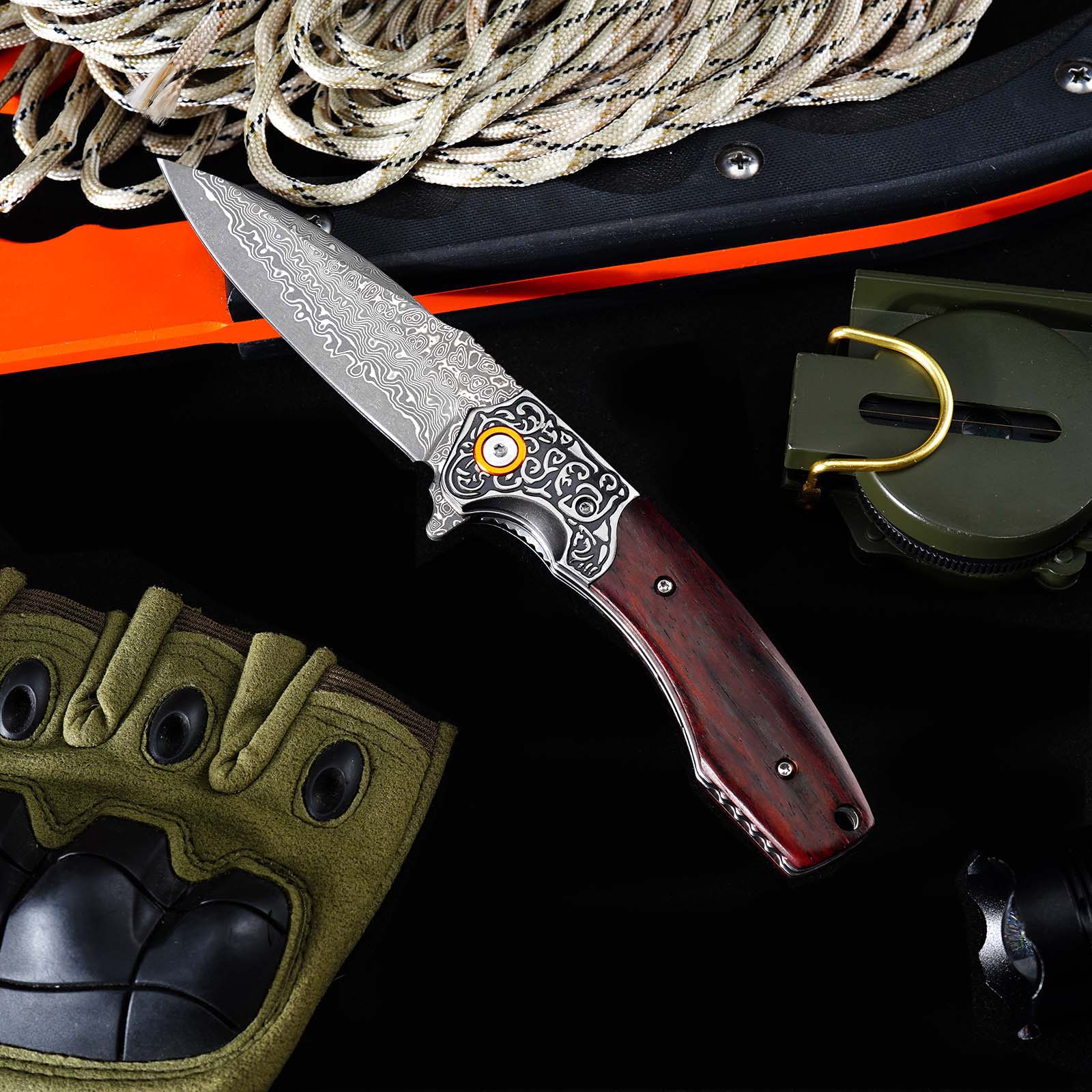 Tunafire GT-DM023 EDC Folding Pocket Knife, Chinese Damascus Steel, Safflower Wood Handle with Smooth Ball Bearing Opening