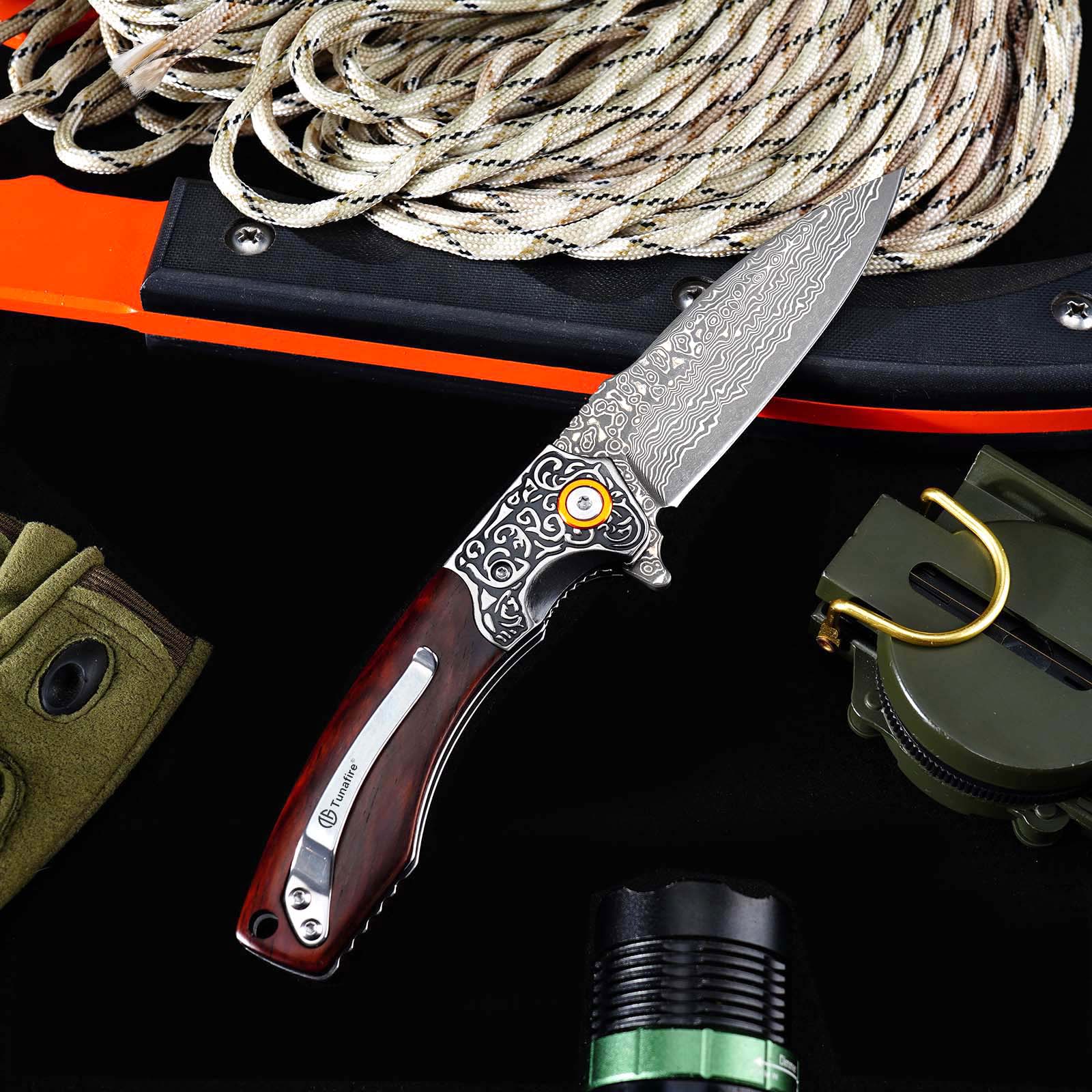 Tunafire GT-DM023 EDC Folding Pocket Knife, Chinese Damascus Steel, Safflower Wood Handle with Smooth Ball Bearing Opening
