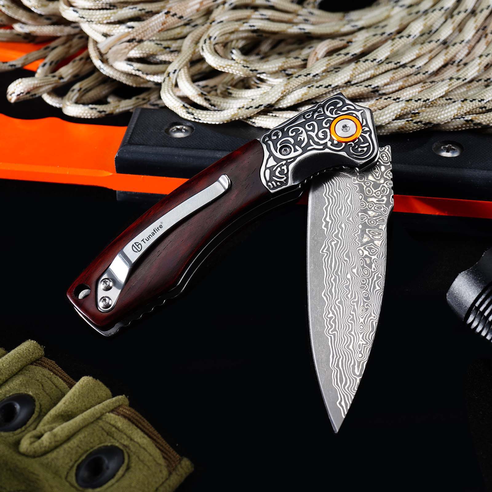Tunafire GT-DM023 EDC Folding Pocket Knife, Chinese Damascus Steel, Safflower Wood Handle with Smooth Ball Bearing Opening