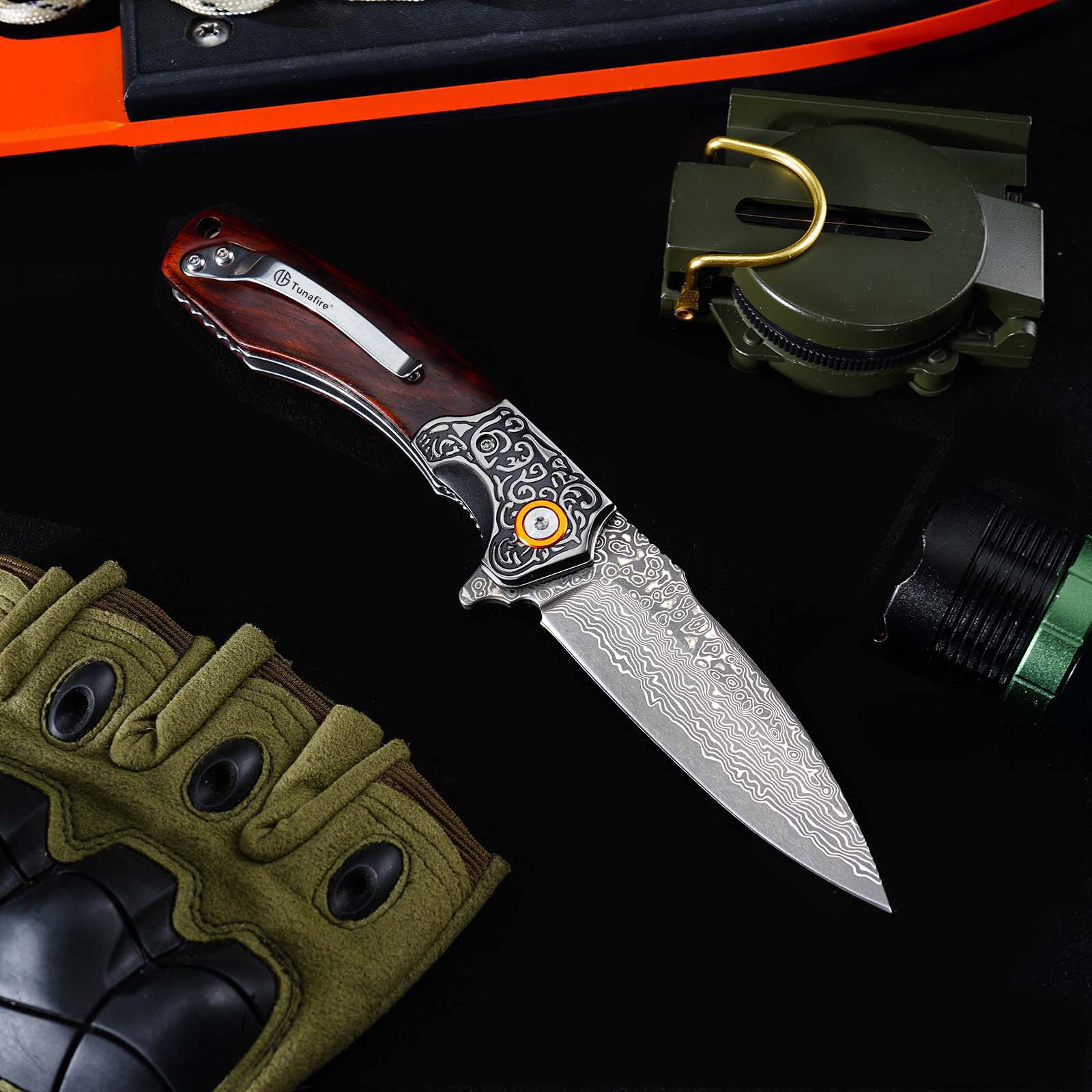 Tunafire GT-DM023 EDC Folding Pocket Knife, Chinese Damascus Steel, Safflower Wood Handle with Smooth Ball Bearing Opening