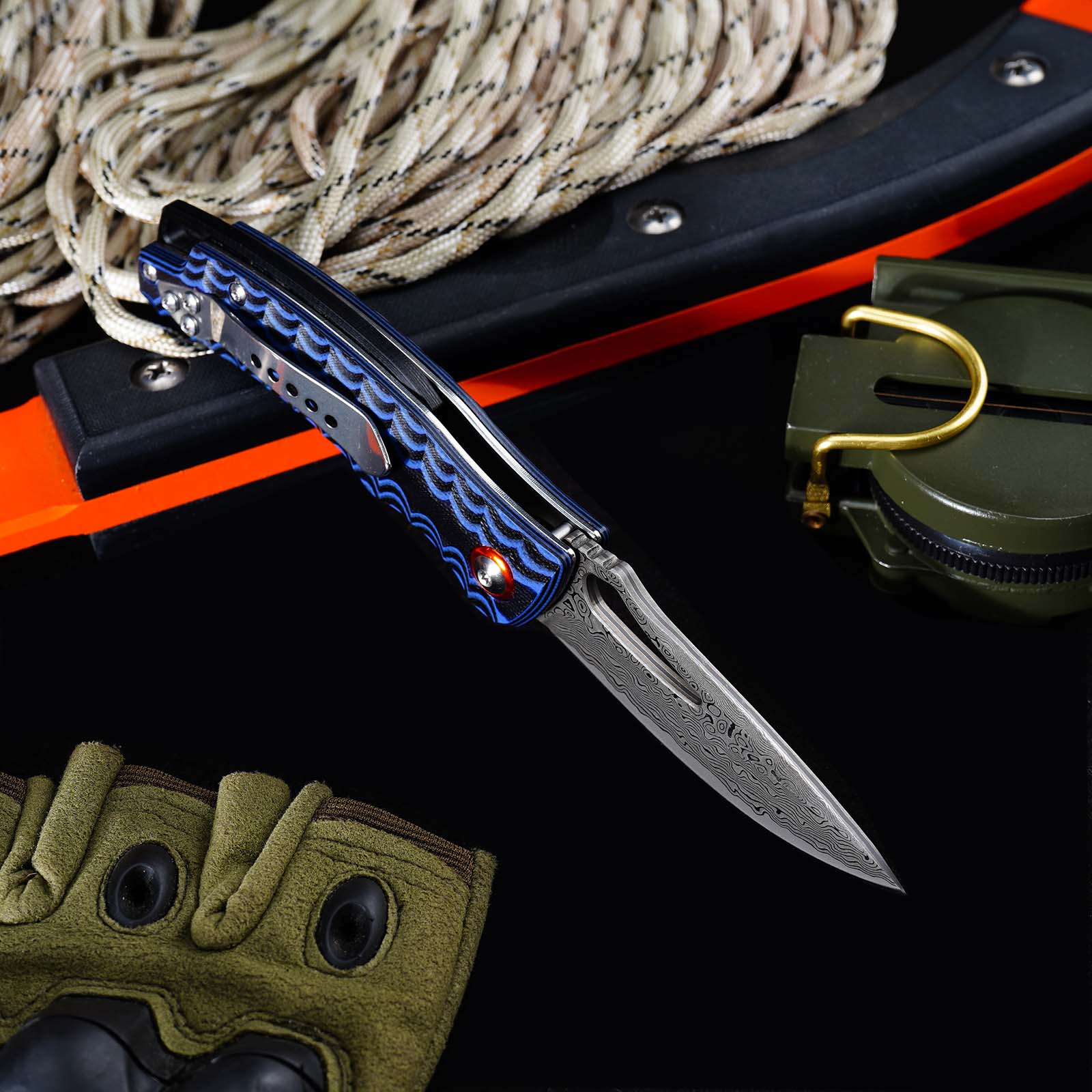 Tunafire Knife GT-DM027 Two-color G10 Handle 2.8"Damascus steel Blade Ball Bearing Flipper Knife EDC Tools