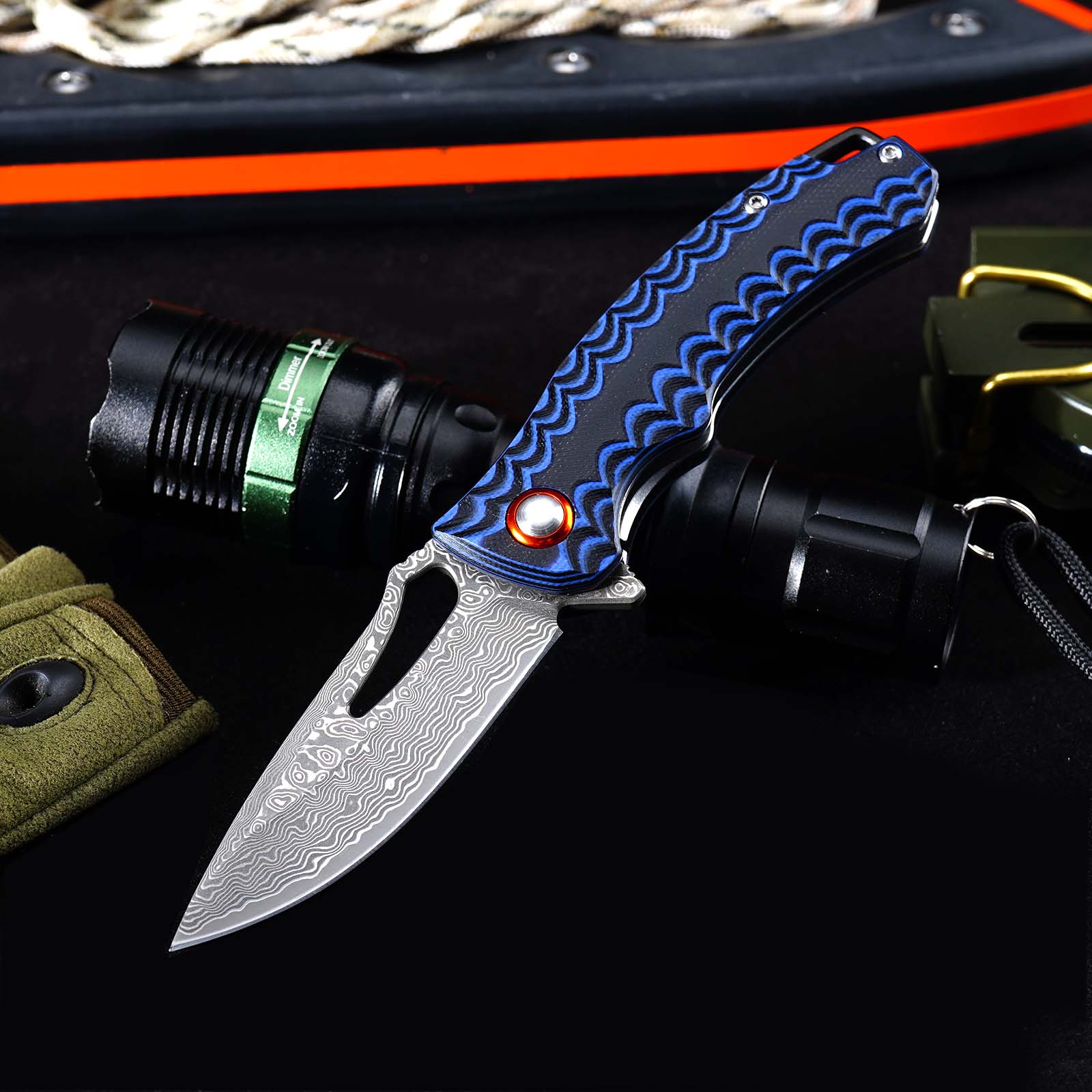Tunafire Knife GT-DM027 Two-color G10 Handle 2.8"Damascus steel Blade Ball Bearing Flipper Knife EDC Tools