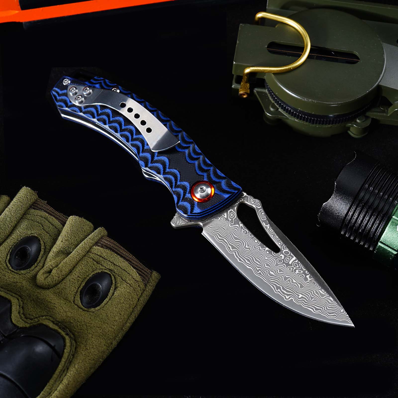 Tunafire Knife GT-DM027 Two-color G10 Handle 2.8"Damascus steel Blade Ball Bearing Flipper Knife EDC Tools